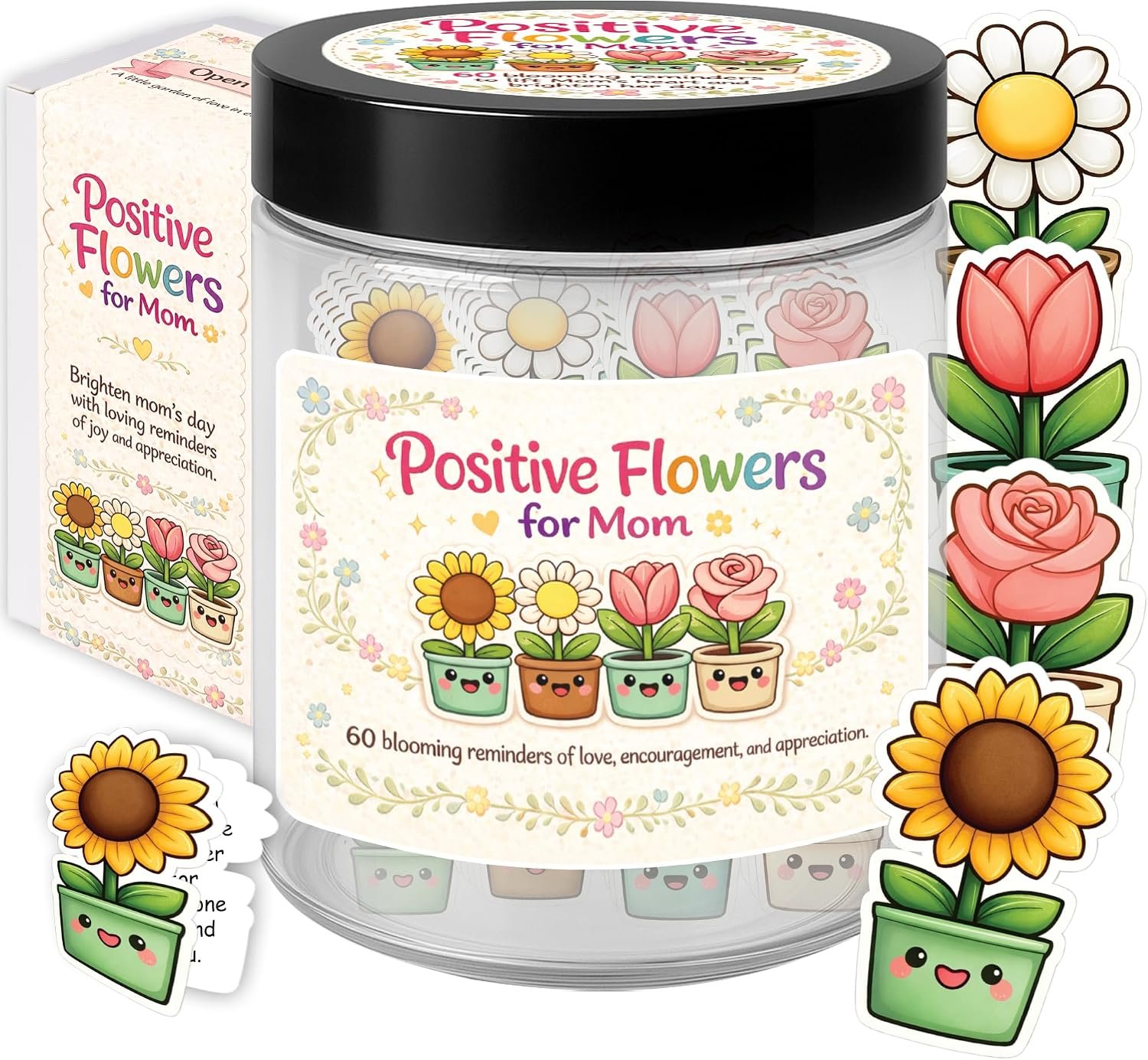 Positive Flowers for Mom, 60 Affirmation Cards Jar – Birthday Gifts for Mom