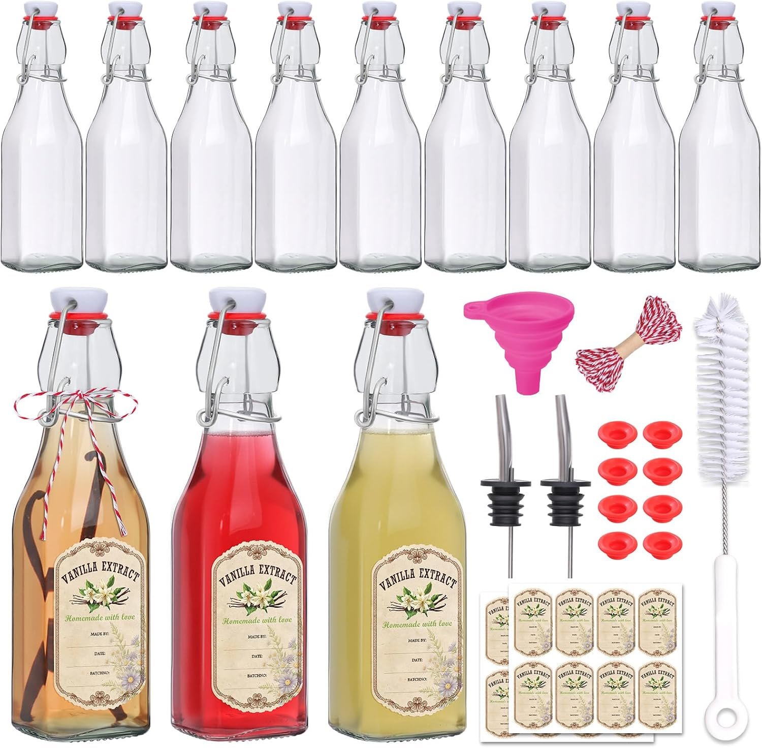 Alotpower 12 Pack 8oz Square Swing Top Glass Bottles with Airtight Lids