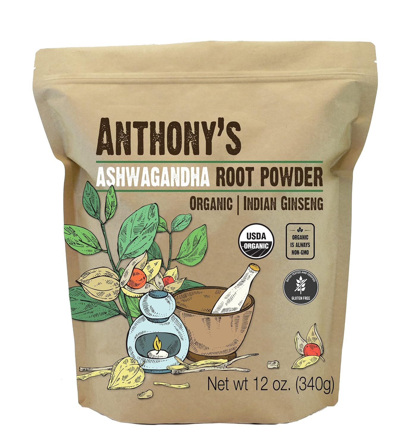 Anthony’s Organic Ashwagandha Powder, 12 oz, Batch Tested Gluten Free, Indian Ginseng, Non GMO, Keto Friendly