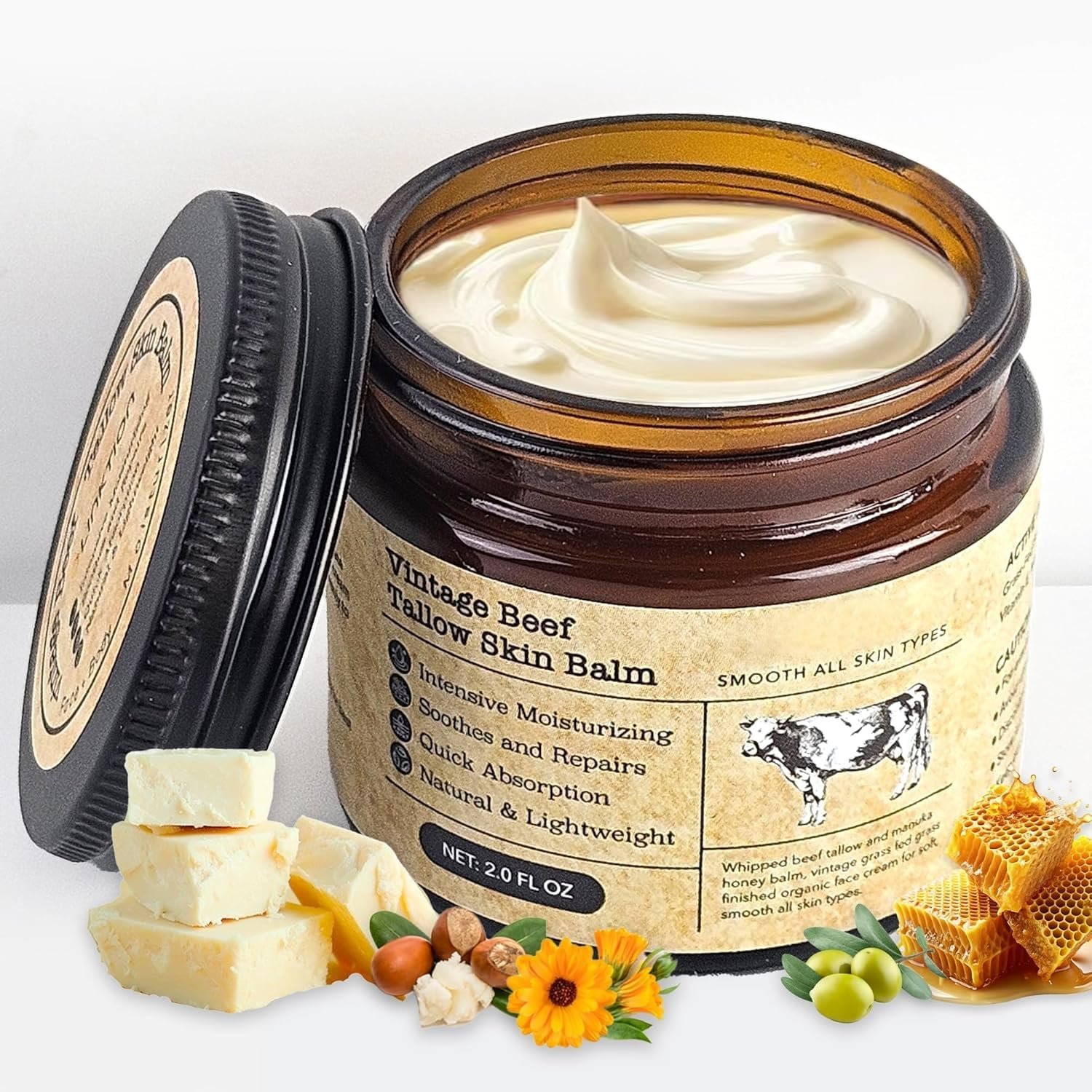 Beef Tallow Honey Balm for Sensitive Skin: Organic Grass-Fed Whipped Tallow Moisturizer with Manuka Honey, Olive Oil, Jojoba Oil & Vitamin E, Non-Greasy Face and Body Cream, 2 oz