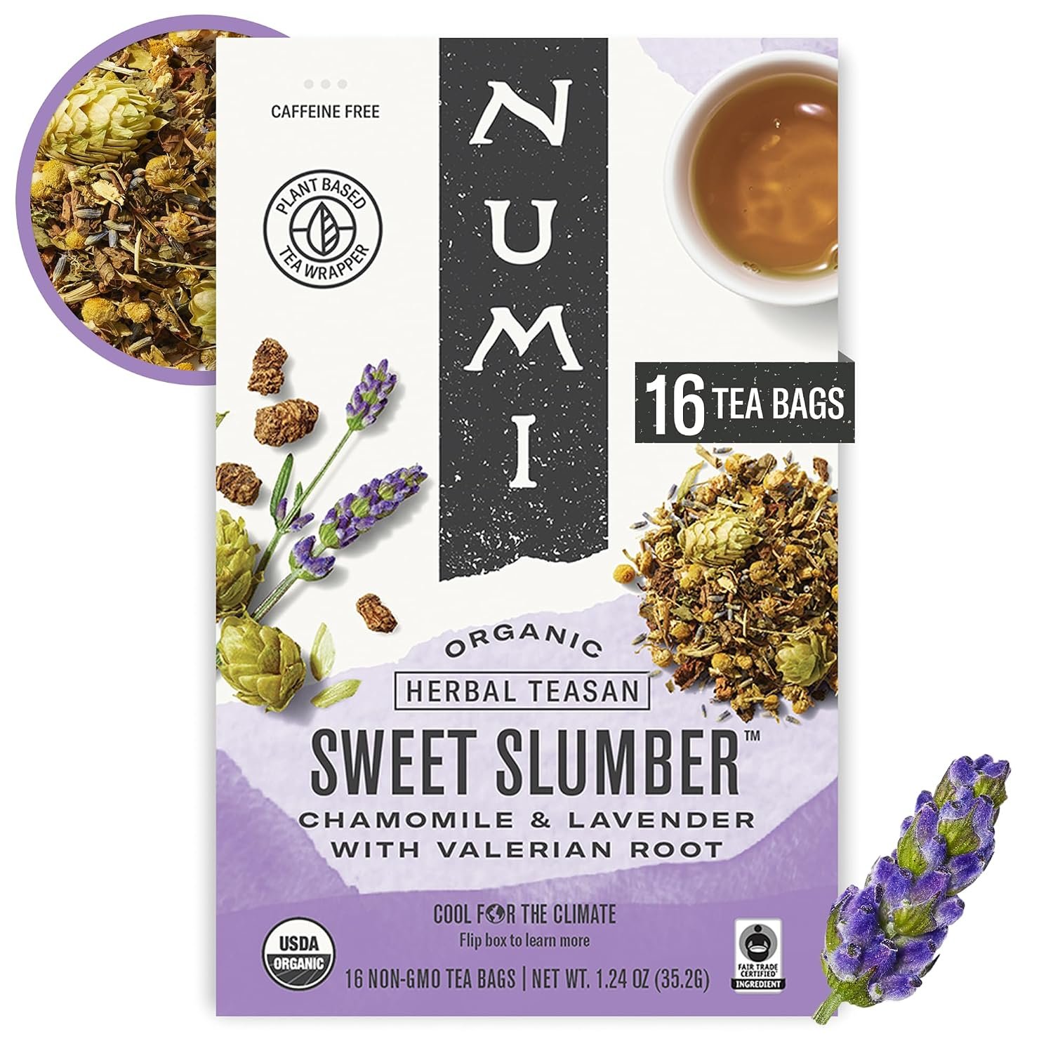 Numi Organic Sweet Slumber Tea, 16 Herbal Tea Bags, Caffeine Free