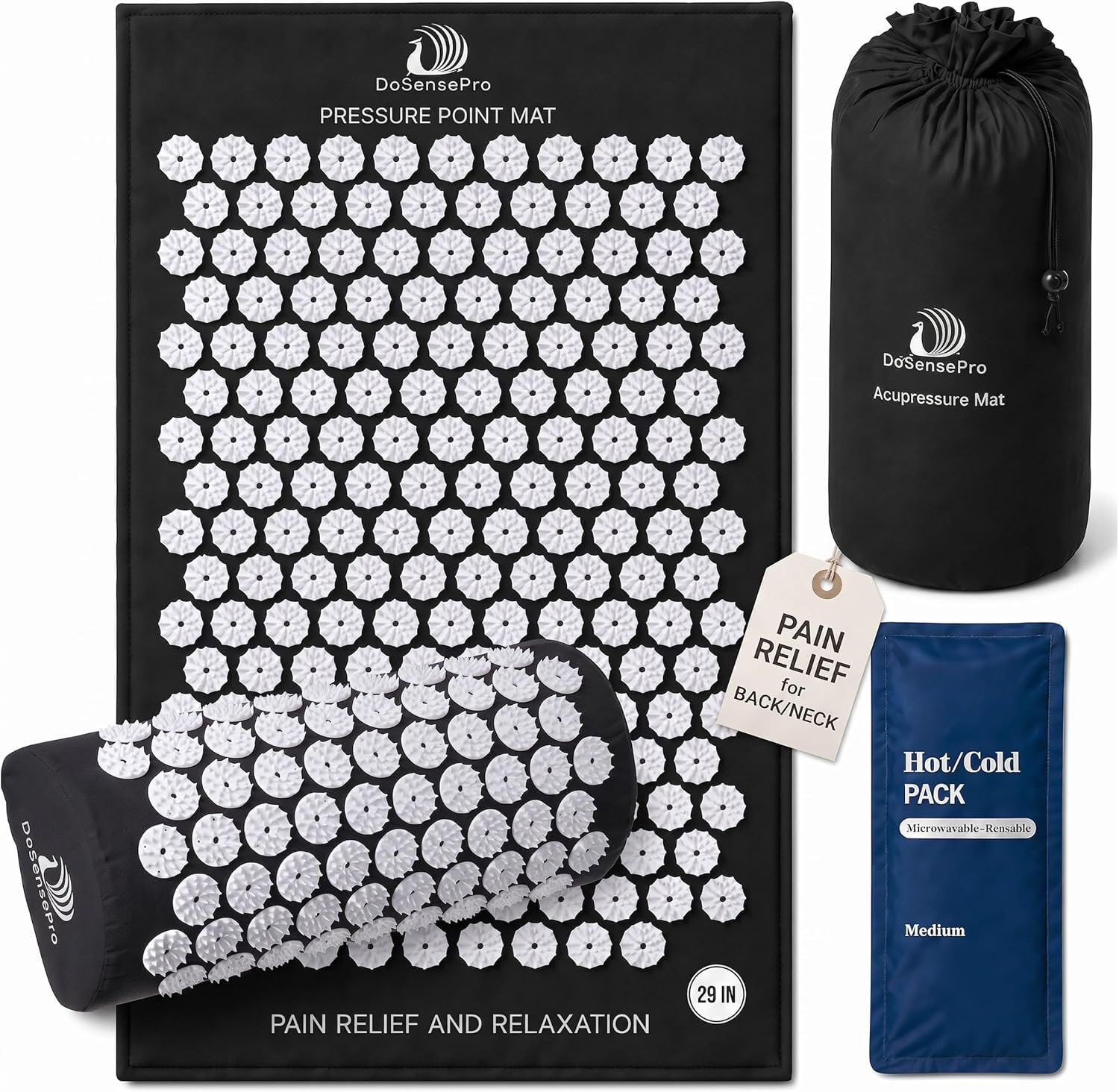 Acupressure Mat & Pillow Set 29″ Long, Hot/Cold Pack, Black