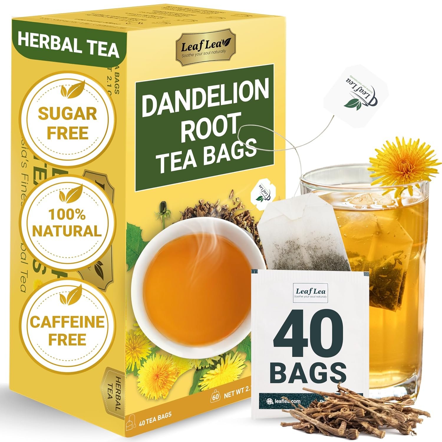 LeafLea Dandelion Root Tea, 40 Tea Bags, Roasted Caffeine-Free Herbal Brew