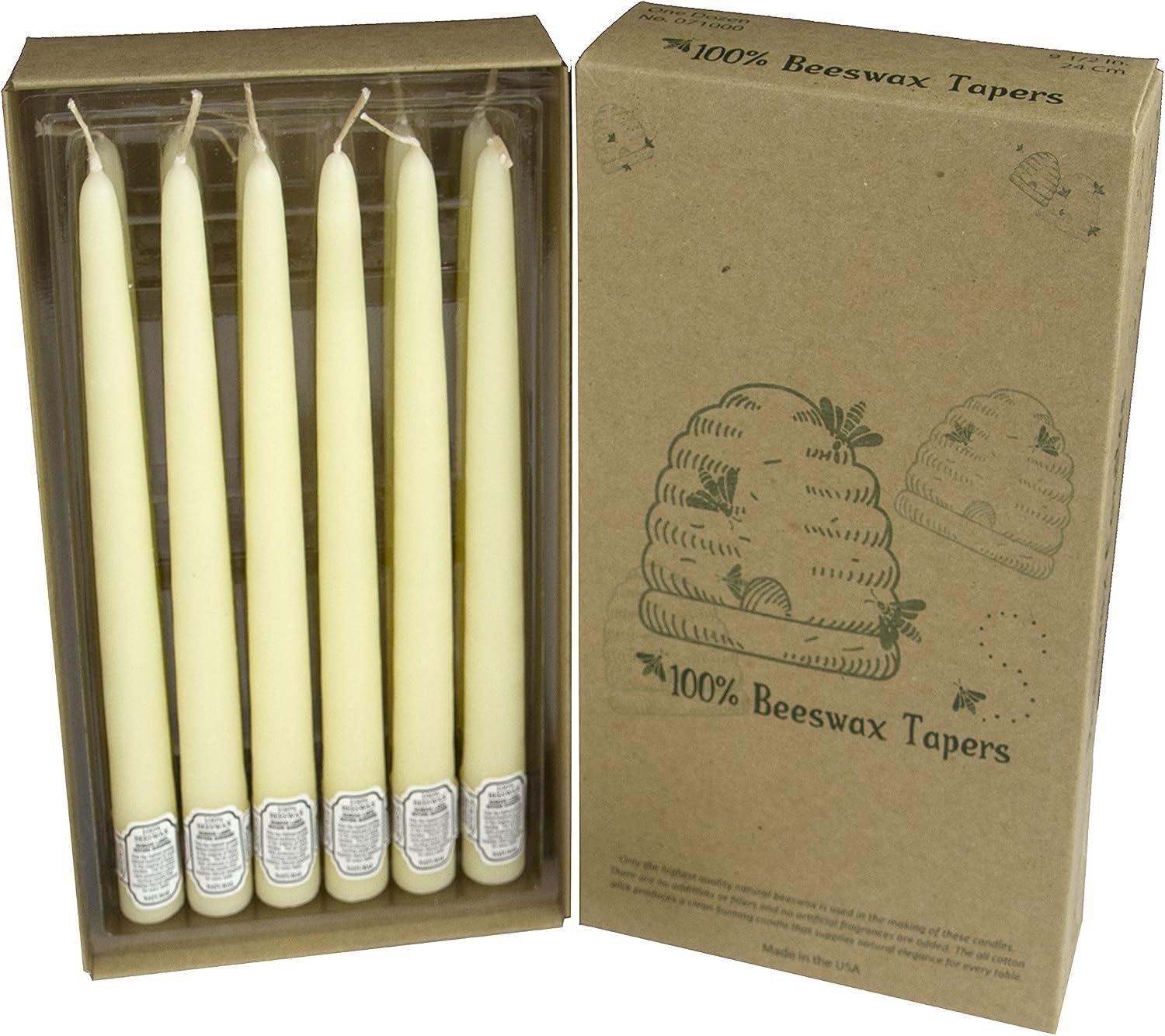 100 Percent Pure Beeswax Taper Candles. Box of 12 / 9.5 Inch.