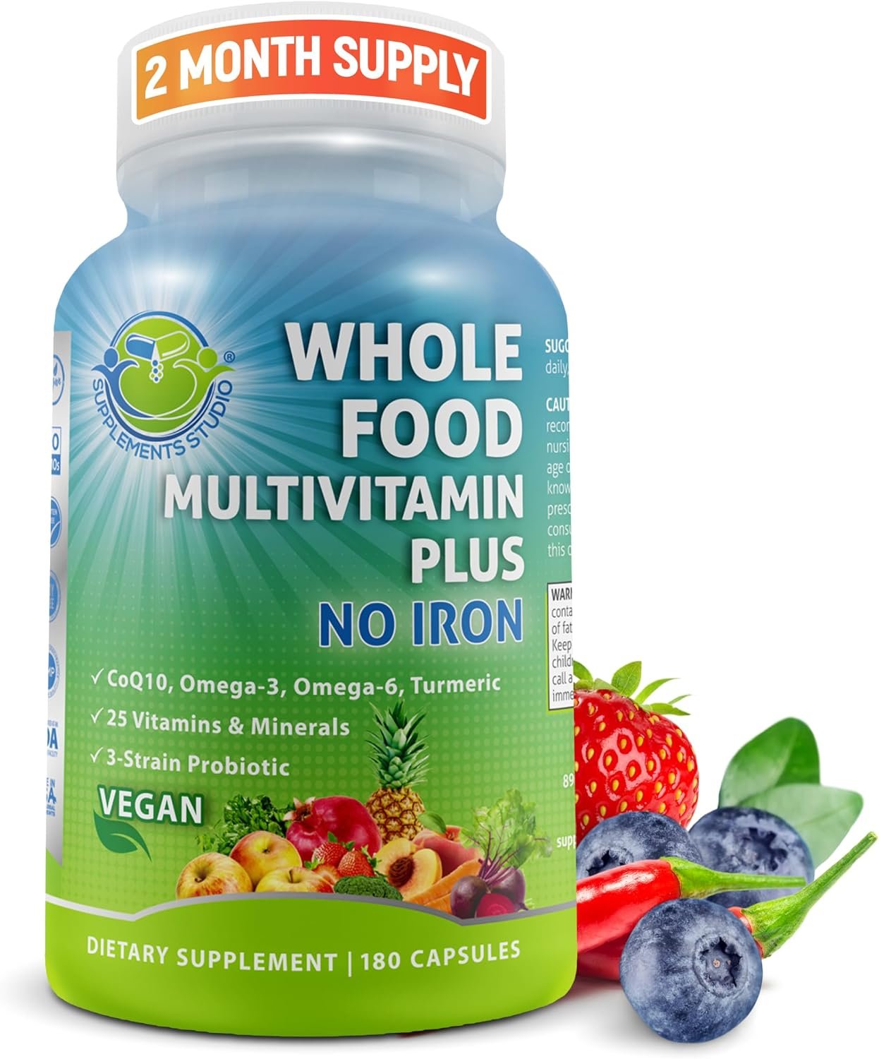 Whole Food Multivitamin Without Iron plus Probiotics, Enzymes, CoQ10 & more