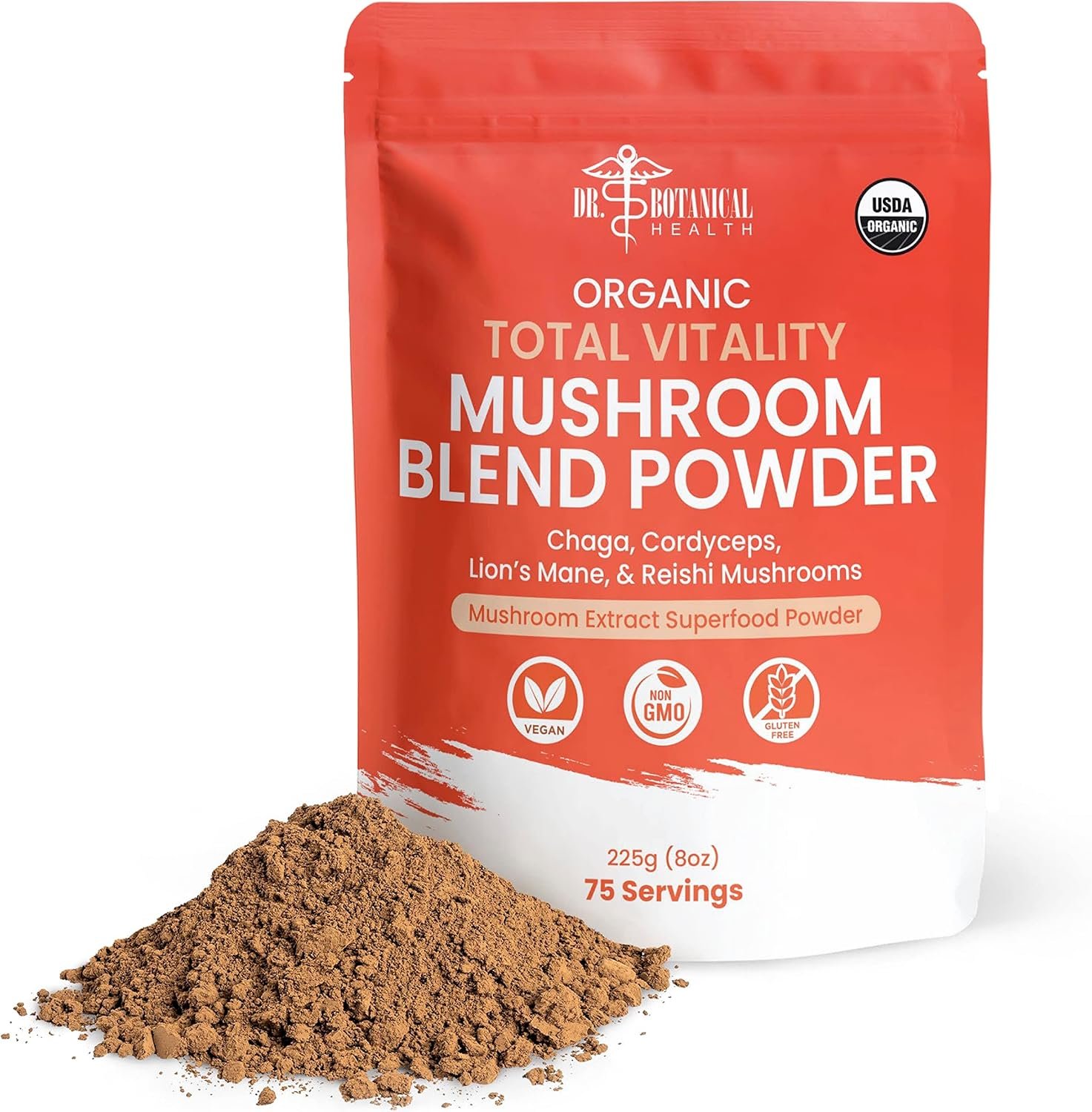 Organic Mushroom Powder Blend – 4-in-1 Reishi, Lion’s Mane, Cordyceps and Chaga Mushroom Supplement Extract Complex, Mushroom Blend Powder for Immune Boost & Brain Support, Add to Coffee, Tea or Water