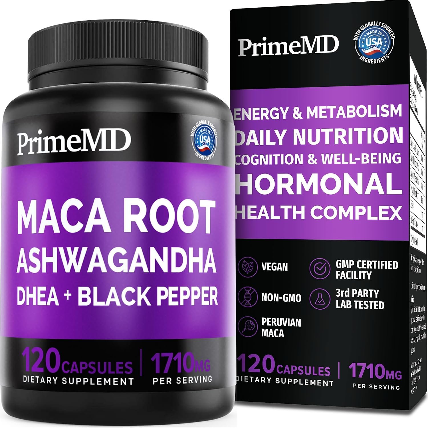 PrimeMD Maca Root Ashwagandha 1710mg with DHEA & Black Pepper, 120ct
