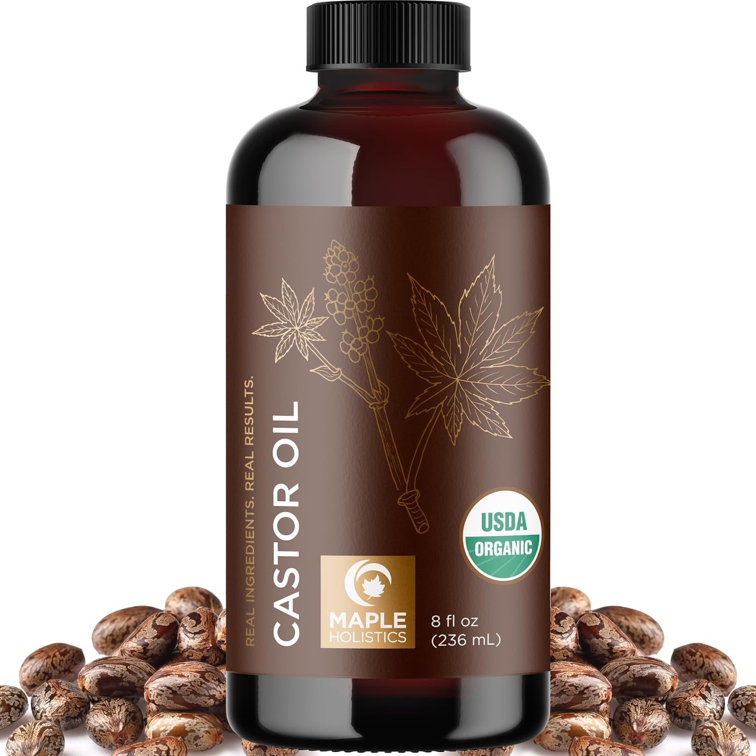 Organic Castor Oil Glass Bottle – 100% Pure Castor Oil Organic Cold Pressed Unrefined Glass Bottle – Extra Virgin Non GMO Hexane Free Cruelty Free Dermatologist Tested and USDA Certified (8 Fl Oz)