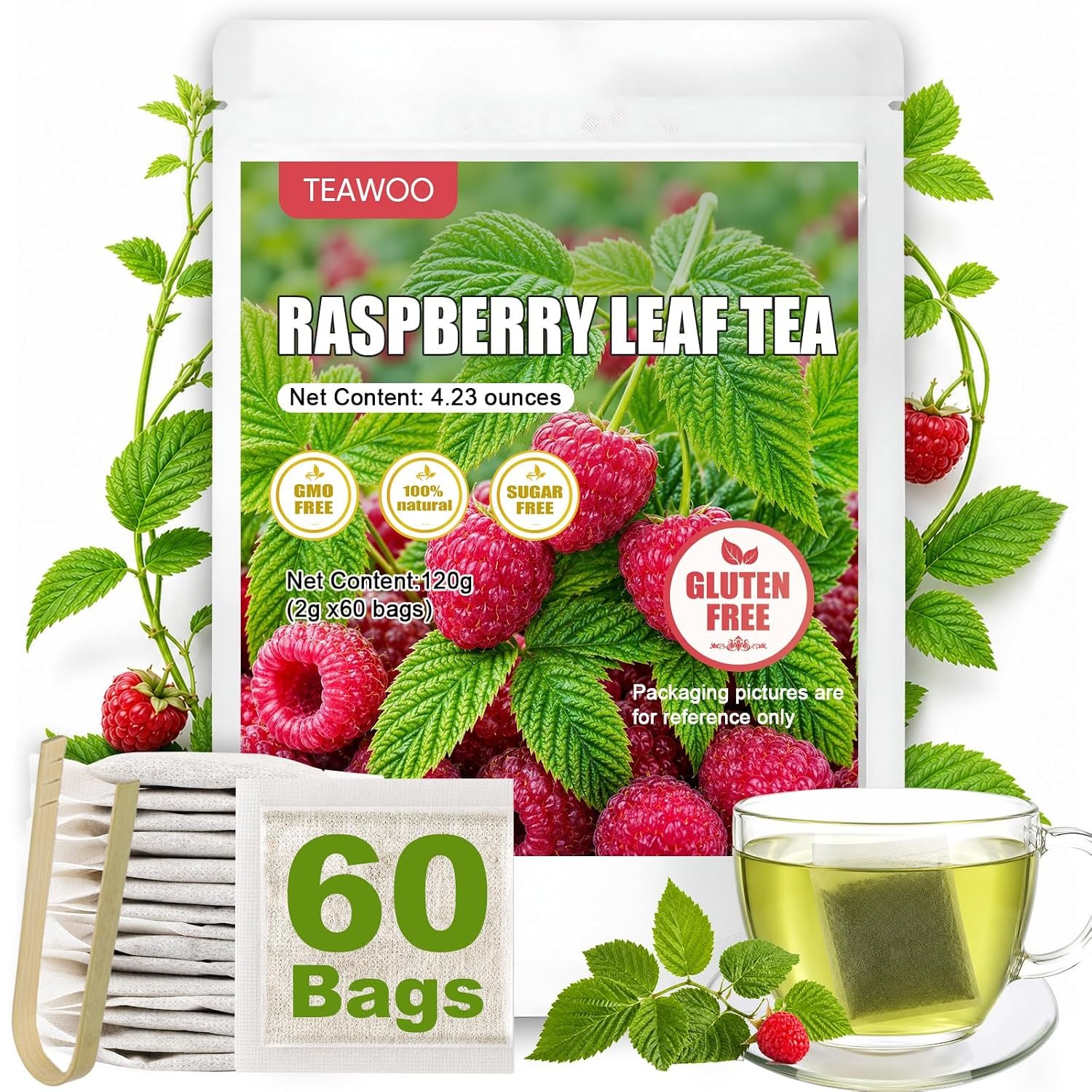 TEAWOO Red Raspberry Leaf Tea, 60 Count Herbal Tea Bags