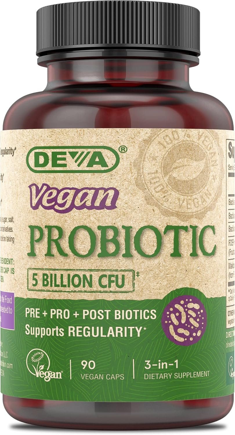 DEVA Vegan Probiotic Supplement – Pre, Pro, and Postbiotics for Digestive Health, 5 Billion CFU, Soil-Based, Spore-Forming, Dairy Free, FOS Prebiotics, for Women and Men, Vegan Capsules, 90 Count