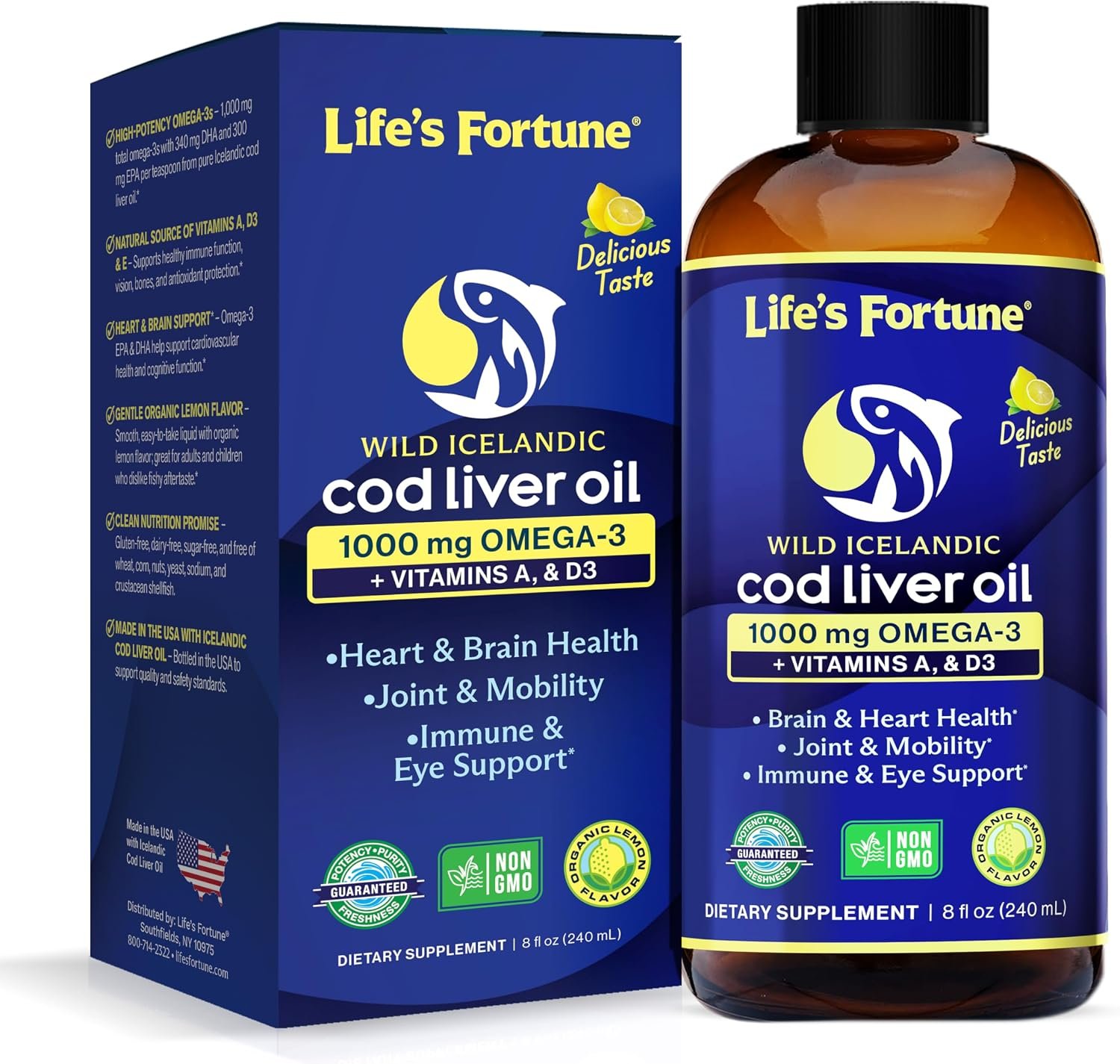 Life’s Fortune Cod Liver Oil Liquid Organic Lemon Flavor (8 Oz) 1,000 mg Omega + Vitamin A, E & D3 – Supports Immune Health – 100% Fish Oil Supplement from Wild Ocean Cod-GMO Free