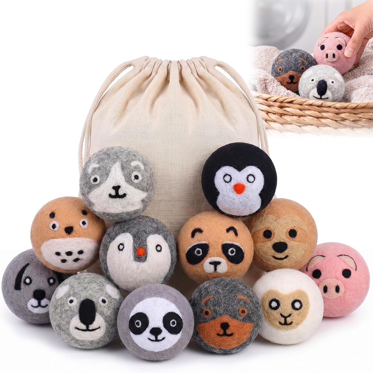 12 Pack Cute Animal Wool Dryer Balls XL Natural Fabric Softener New Zealand Wool Handmade Organic Reusable Laundry Ball for 1000+ Load Wrinkles Free Shorten Dry Time Mom’s Gift for Women