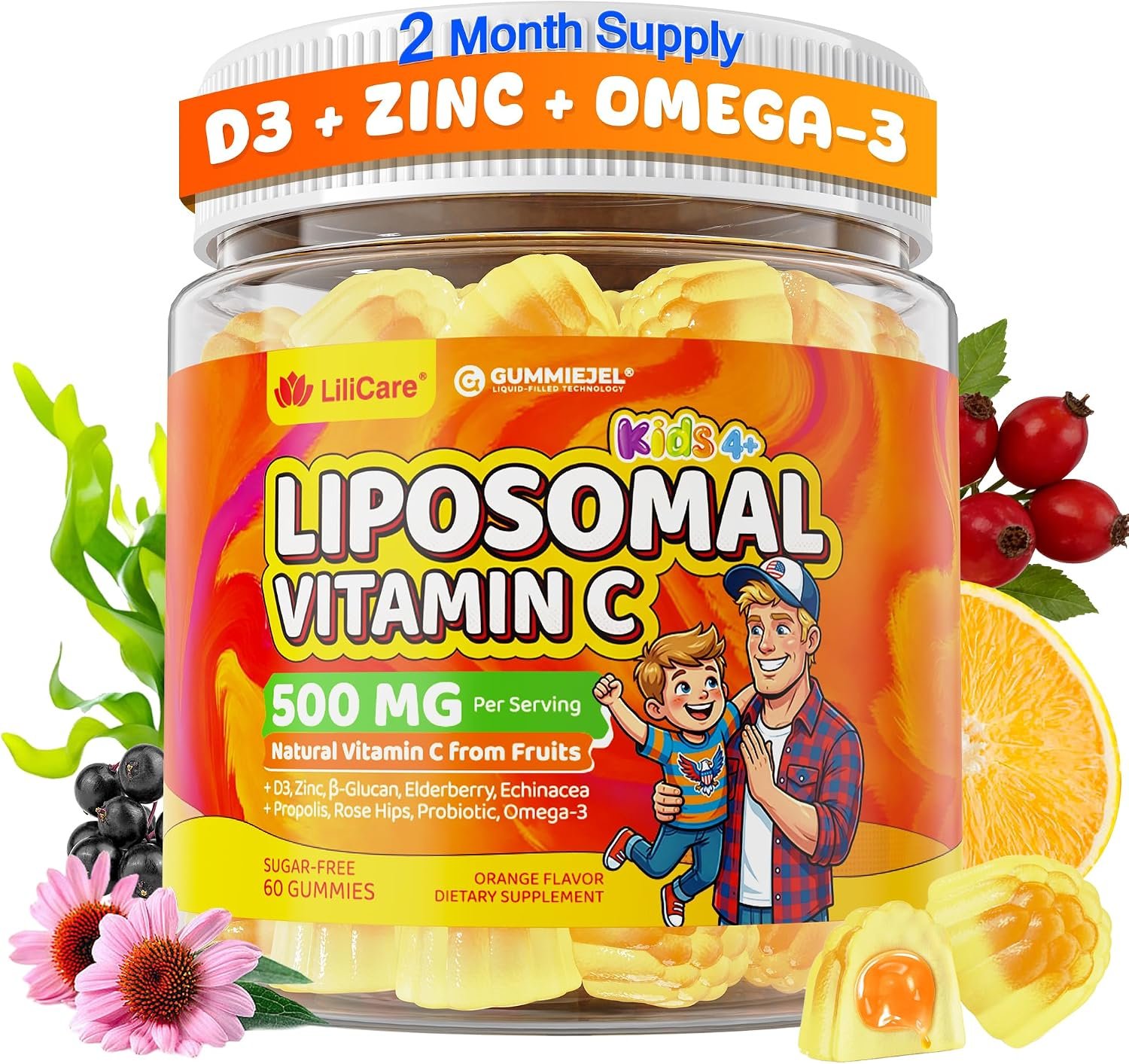 Liposomal Vitamin C 500mg 1000mg Gummies for Kids 4+ & Adults, with Omega-3, Elderberry, Propolis, Zinc, D3, Kids Immune Support, Antioxidant, Growth & Development, Chewable Natural Vit C, Sugar Free