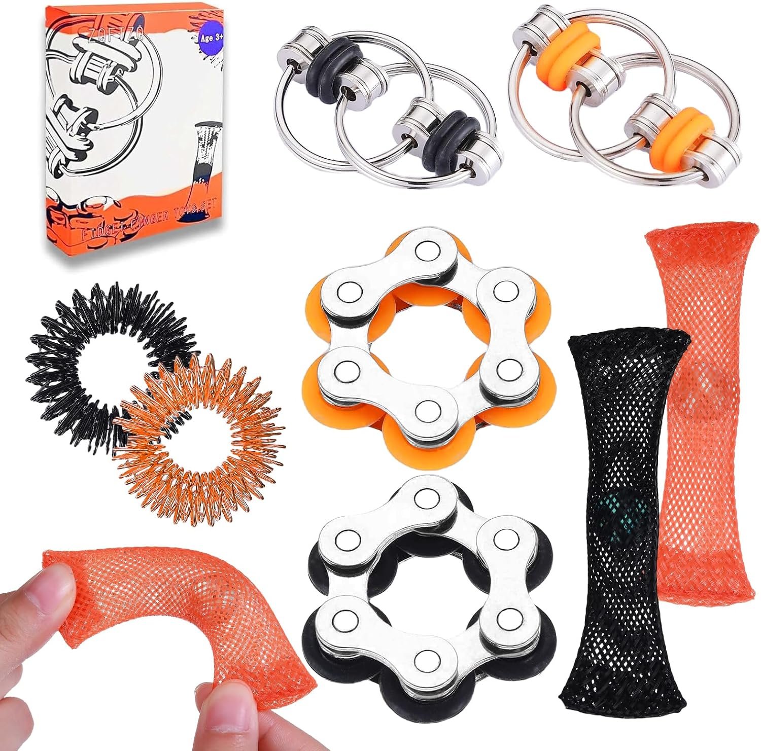 8Pcs Sensory Fidget Toys with Fidget Spinner,Spiky Sensory Finger Acupressure Rings Bike Chain Marble Mesh Fidgets Quiet Toys for Autism,Anxiety Toy Stocking Stuffers Gift for Boys Girls