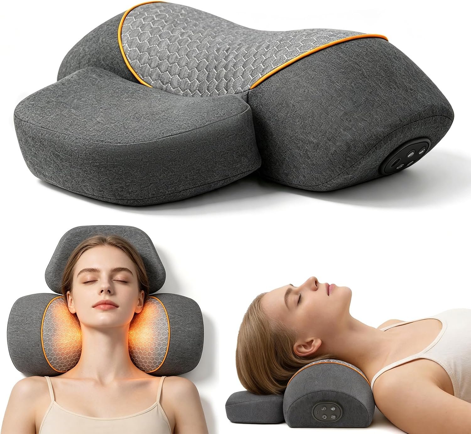 Cordless 3-in-1 Heated Neck Massage Pillow, Rechargeable Cervical Traction Device with Massage, Heat & Stretch, Deep Tissue Pain Relief, Ergonomic Neck and Shoulder Massager, Grey
