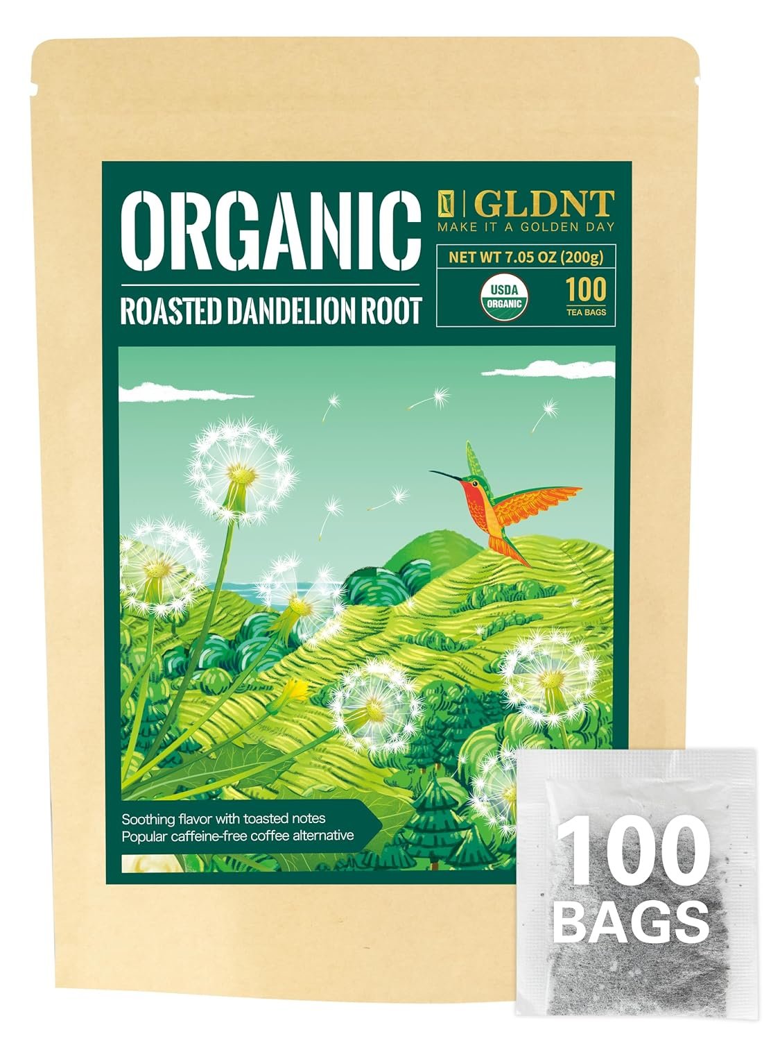 GLDNT Organic Roasted Dandelion Root Tea Bags, Caffeine Free, 100 Count