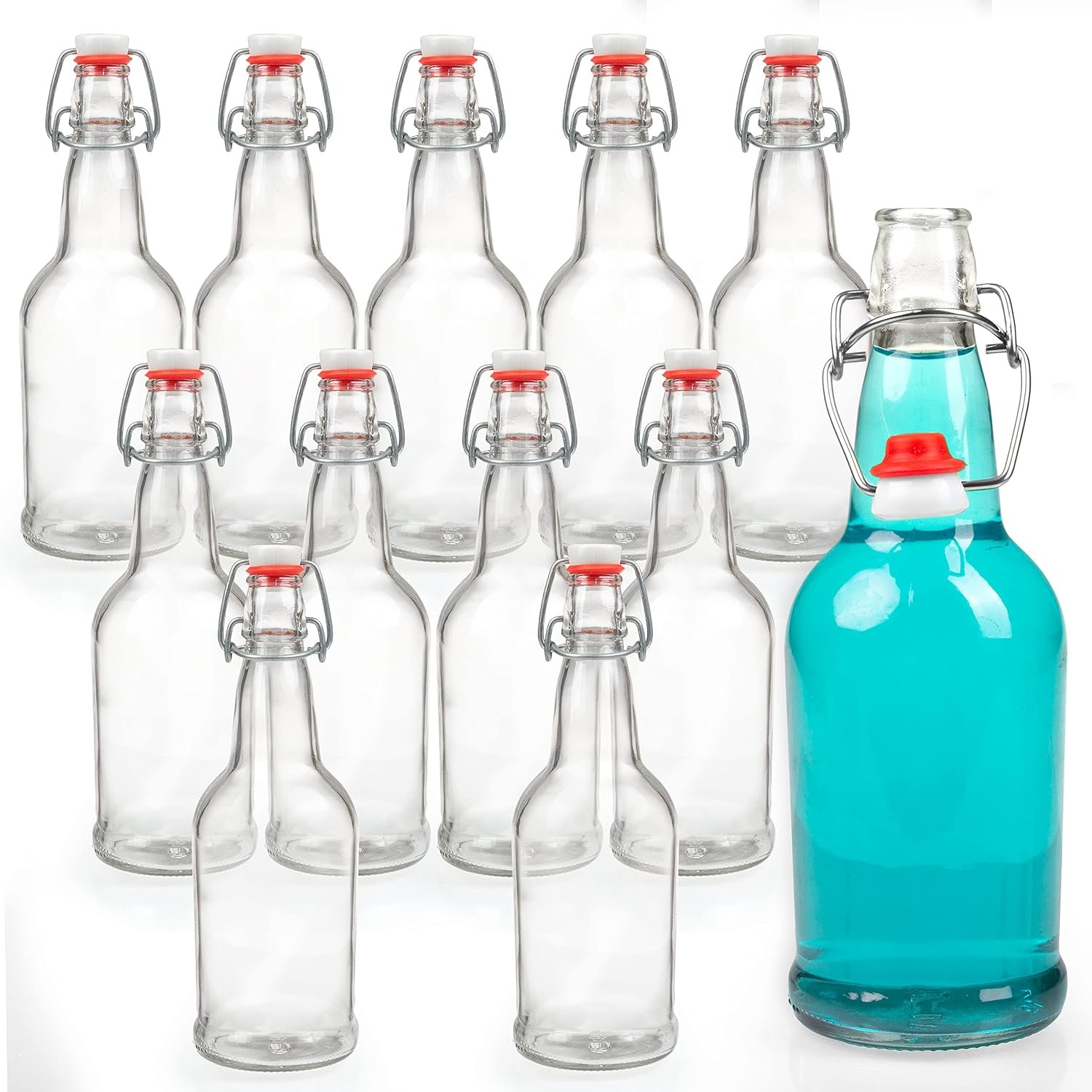 Ilyapa 16 Ounce Clear Swing Top Glass Beer Bottles for Home Brewing – Carbonated Drinks, Kombucha, Kefir, Soda, Juice, Fermentation, 12 Pack Glass Bottle with Airtight Rubber Seal Flip Caps