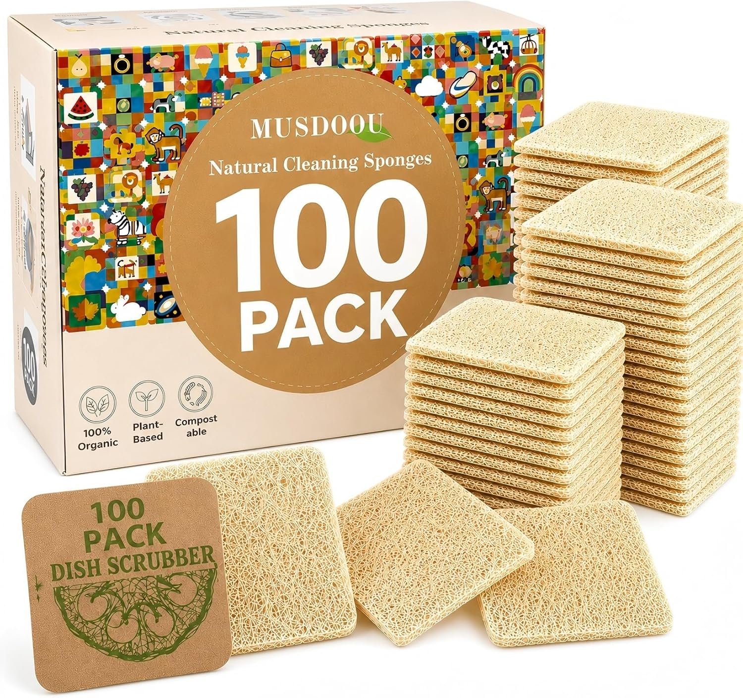 Natural Loofah Dish Sponge, 100 Count Plant-Based Kitchen Cleaning Pads, Biodegradable Compostable Scouring Pads for Dishes, Pots, Pans and Sink, 2.75 x 2.75 Inch
