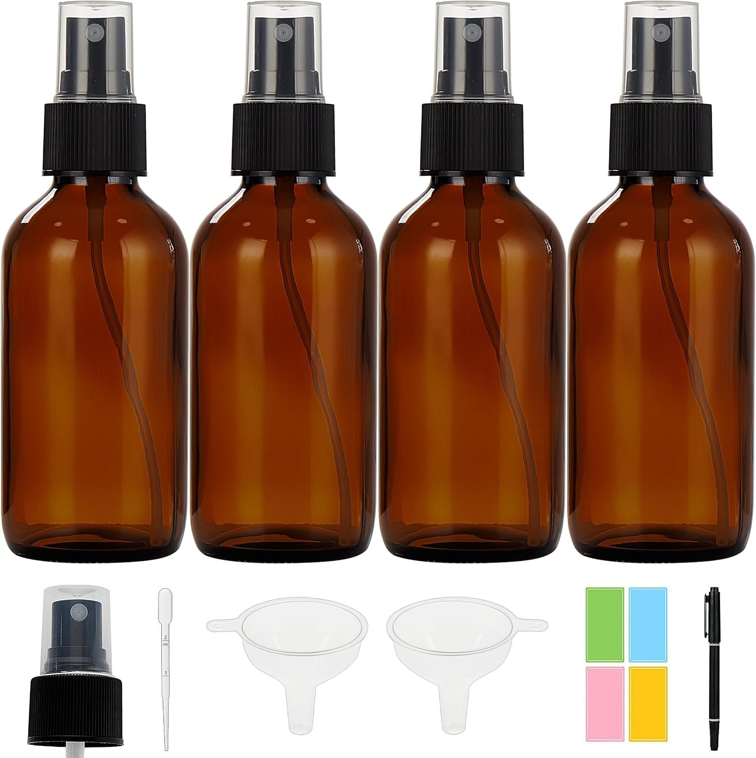 Dark Amber Glass Spray Bottles 4 oz, Small, Fine Mist, 4 Pack