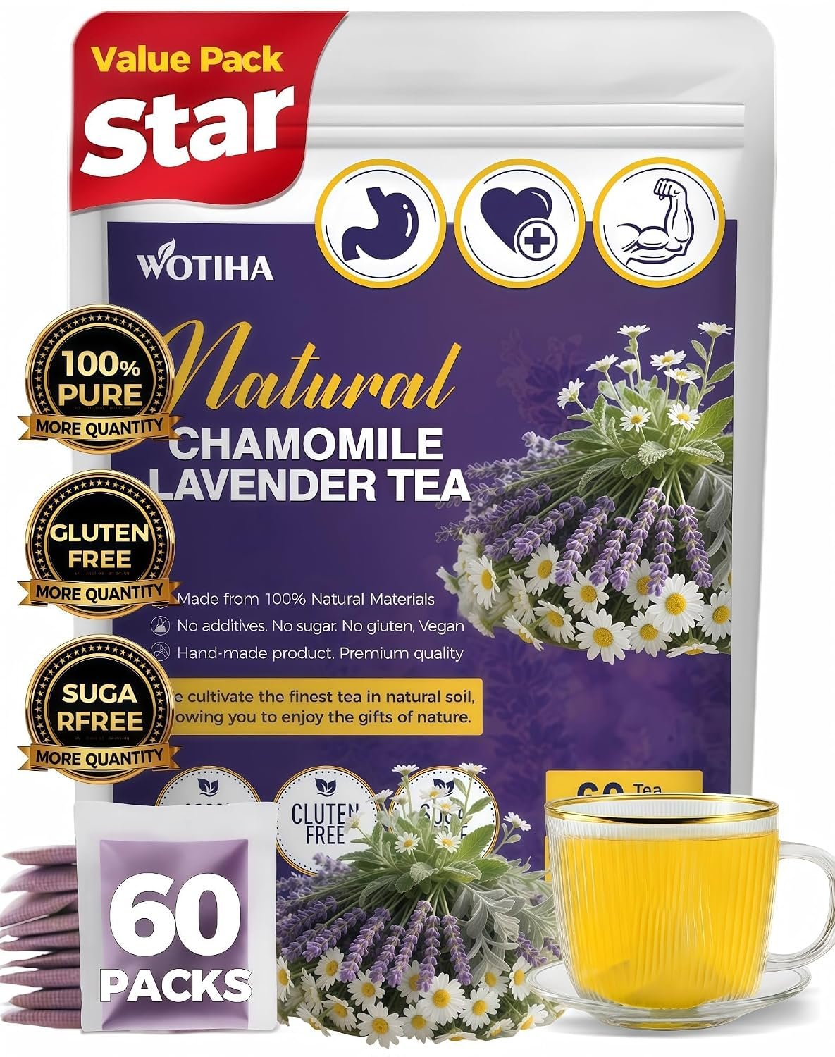 WOTIHA 60 Count Premium Chamomile Lavender Tea Bags – 100% Pure Flowers, Soothing Aroma, Supports Relaxation & Better Sleep, Caffeine-Free, Additive-Free, Sugar-Free, Vegan.Non-GMO