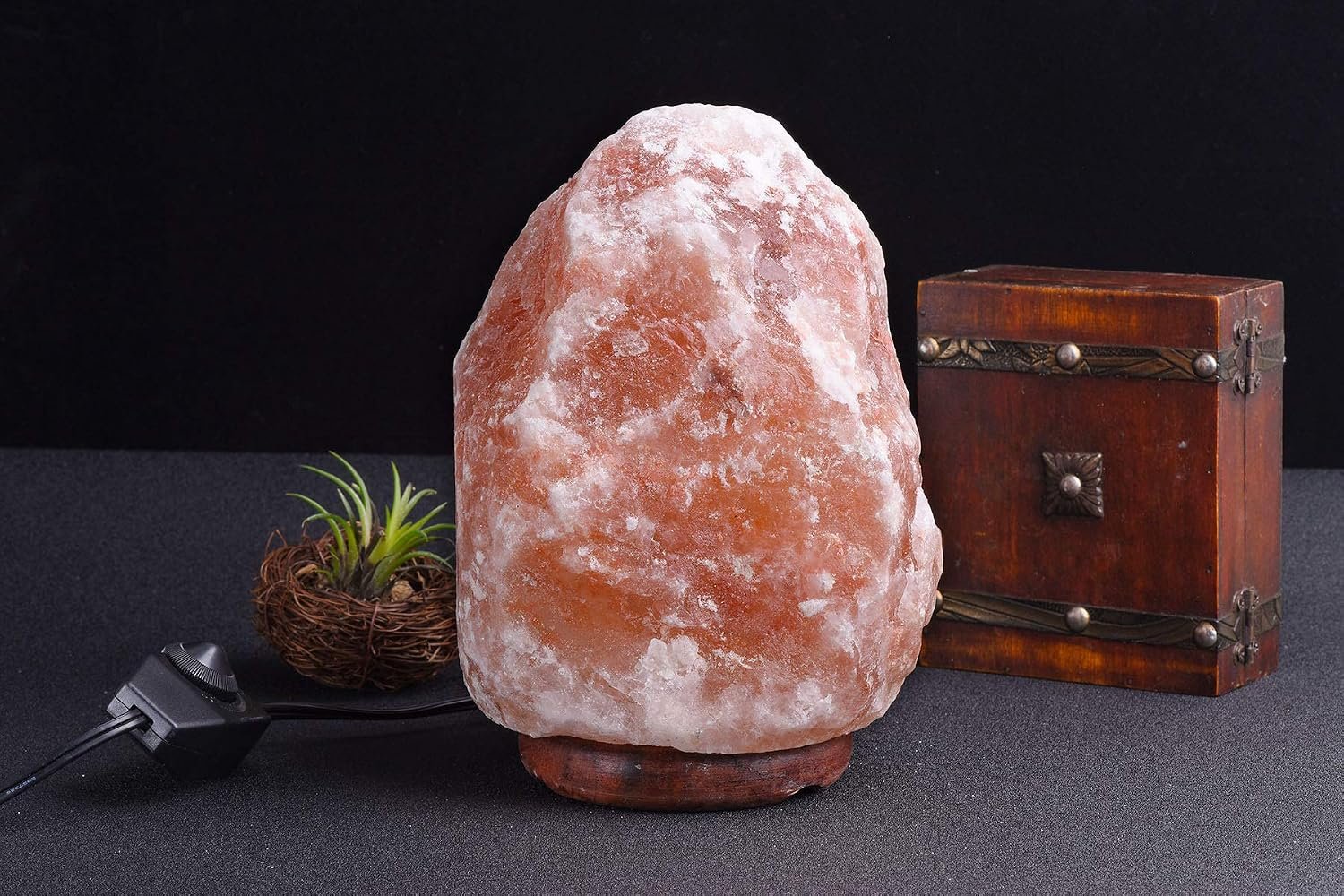AMOYSTONE Portable Salt Lamp 6-7 Inch, Natural Himalayan Crystal with Wood Base & Dimmer(4-6 lbs)