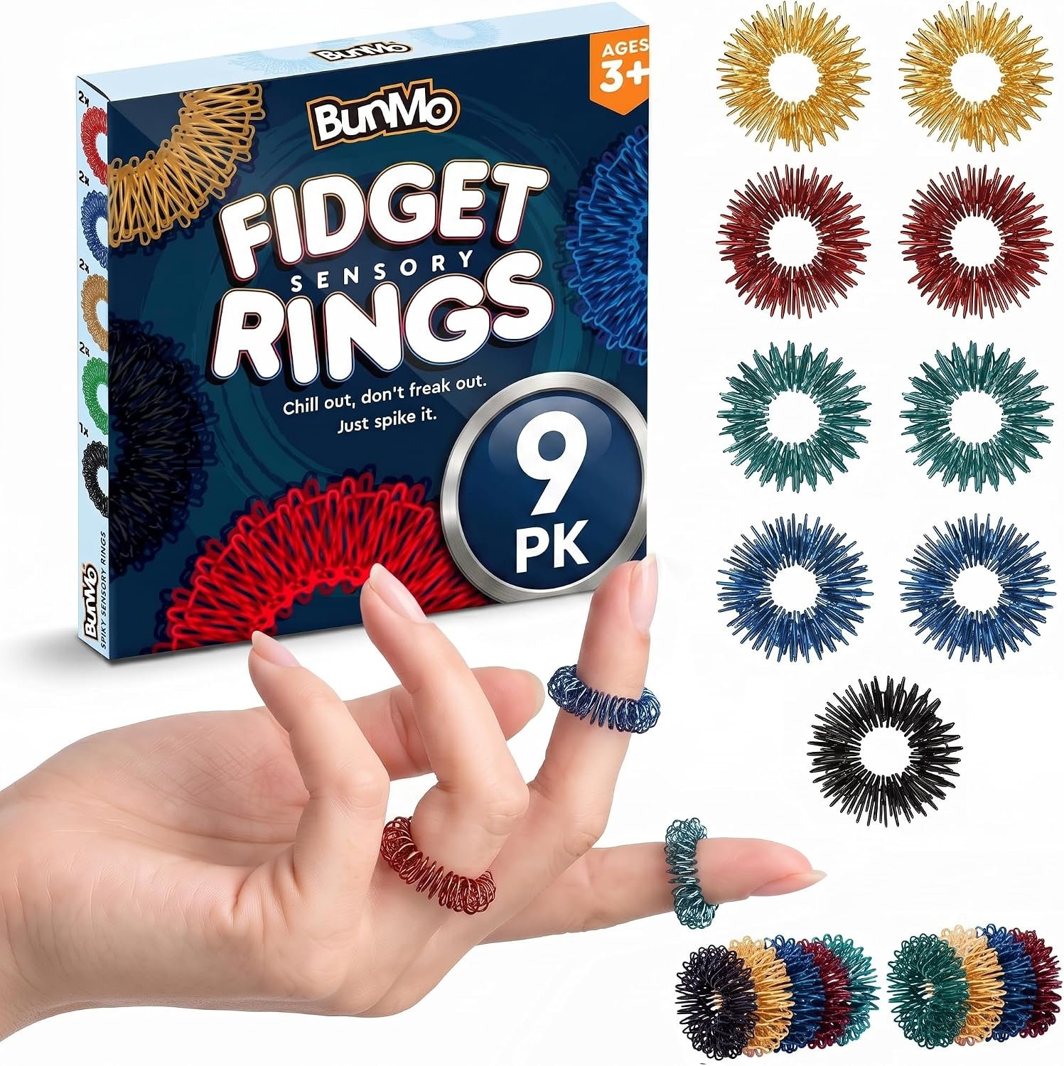 BunMo Spiky Sensory Rings 9pk – Fidget Rings for Adults – Sensory Stimulation & Finger Comfort – Acupressure Rings – Durable & Portable Pain Stim Fidget