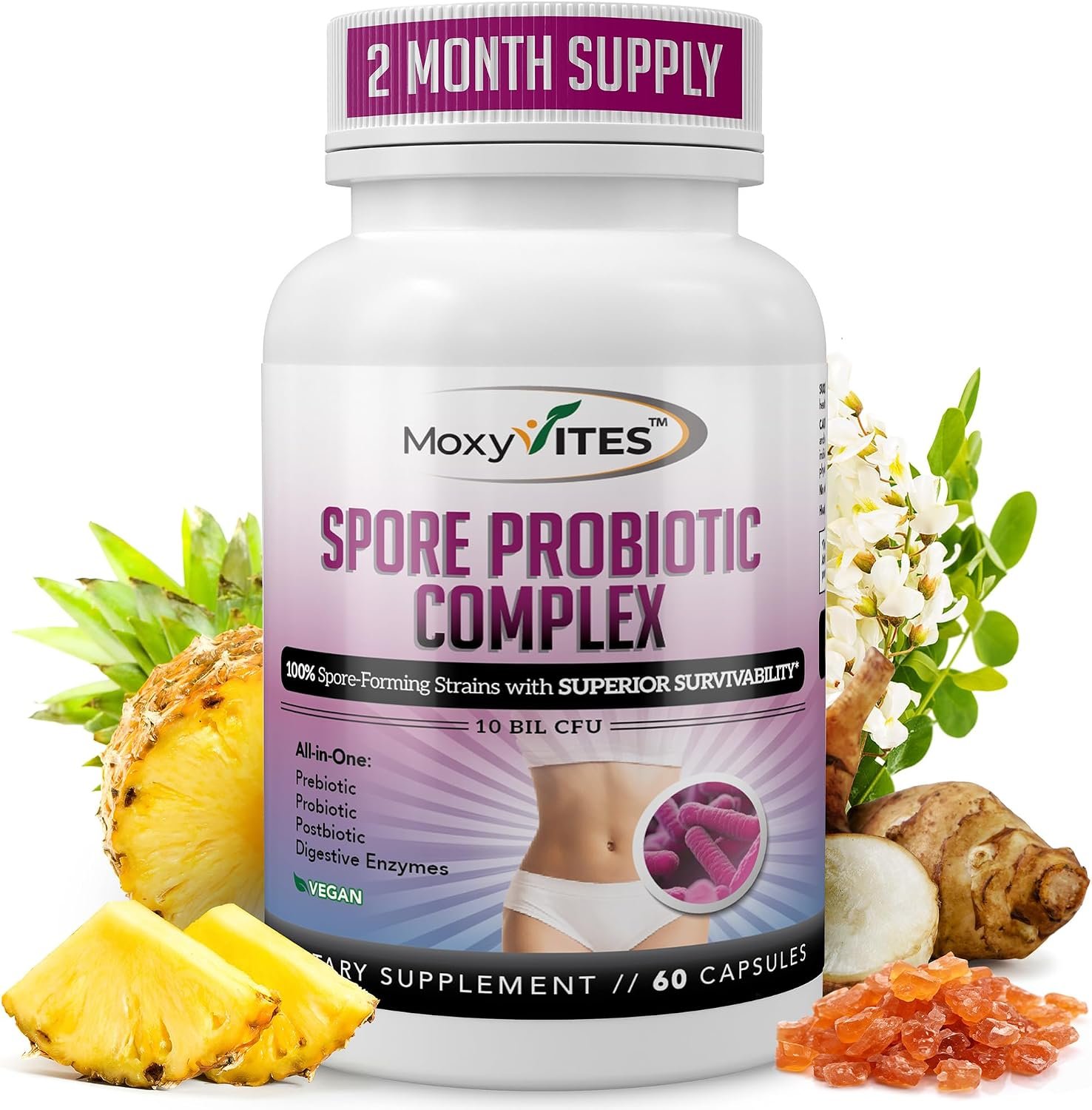 MoxyVites Spore Probiotic Complex – All In One Prebiotics and Probiotics for Digestive Health, Postbiotic, Digestive Enzymes Daily Supplement – Spore Based Probiotic for Women & Men