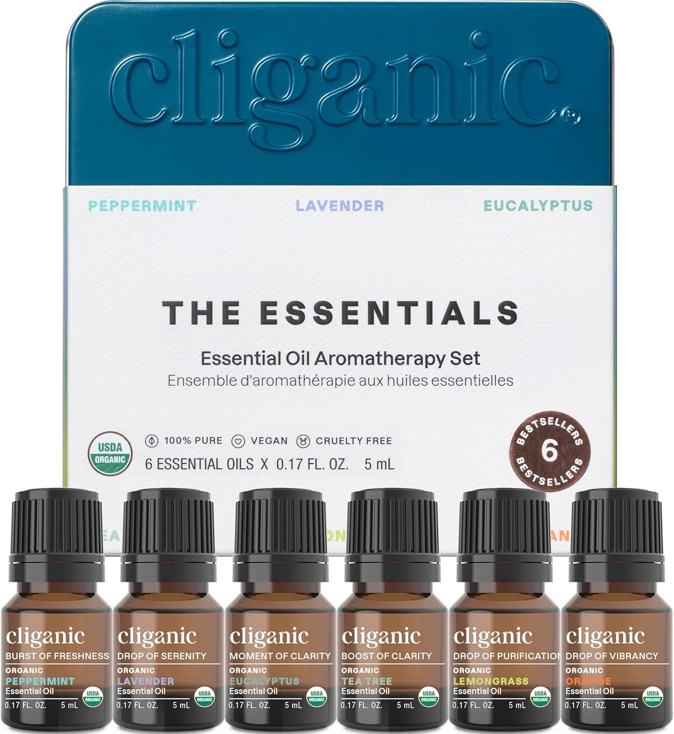 Cliganic Organic Essential Oils Set for Home Diffuser, 100% Pure, Top 6