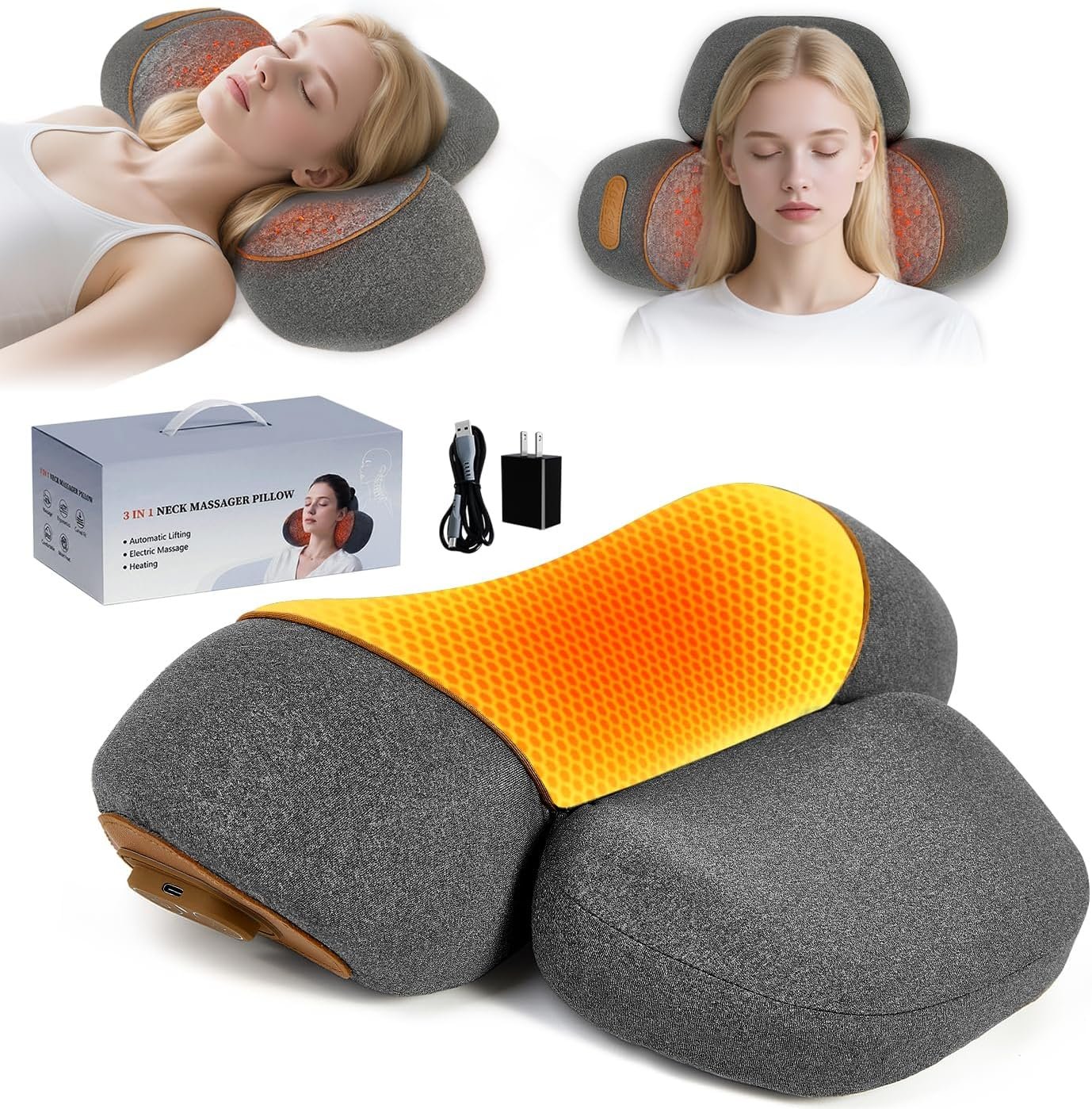 Cordless Electric Neck Massager Pillow for Pain Relief Deep Tissue, 3-in-1 Rechargeable Neck Cervical Traction Device with Heat, Massage, Stretch, Ergonomic Neck Shoulder Relaxer Gifts for Women