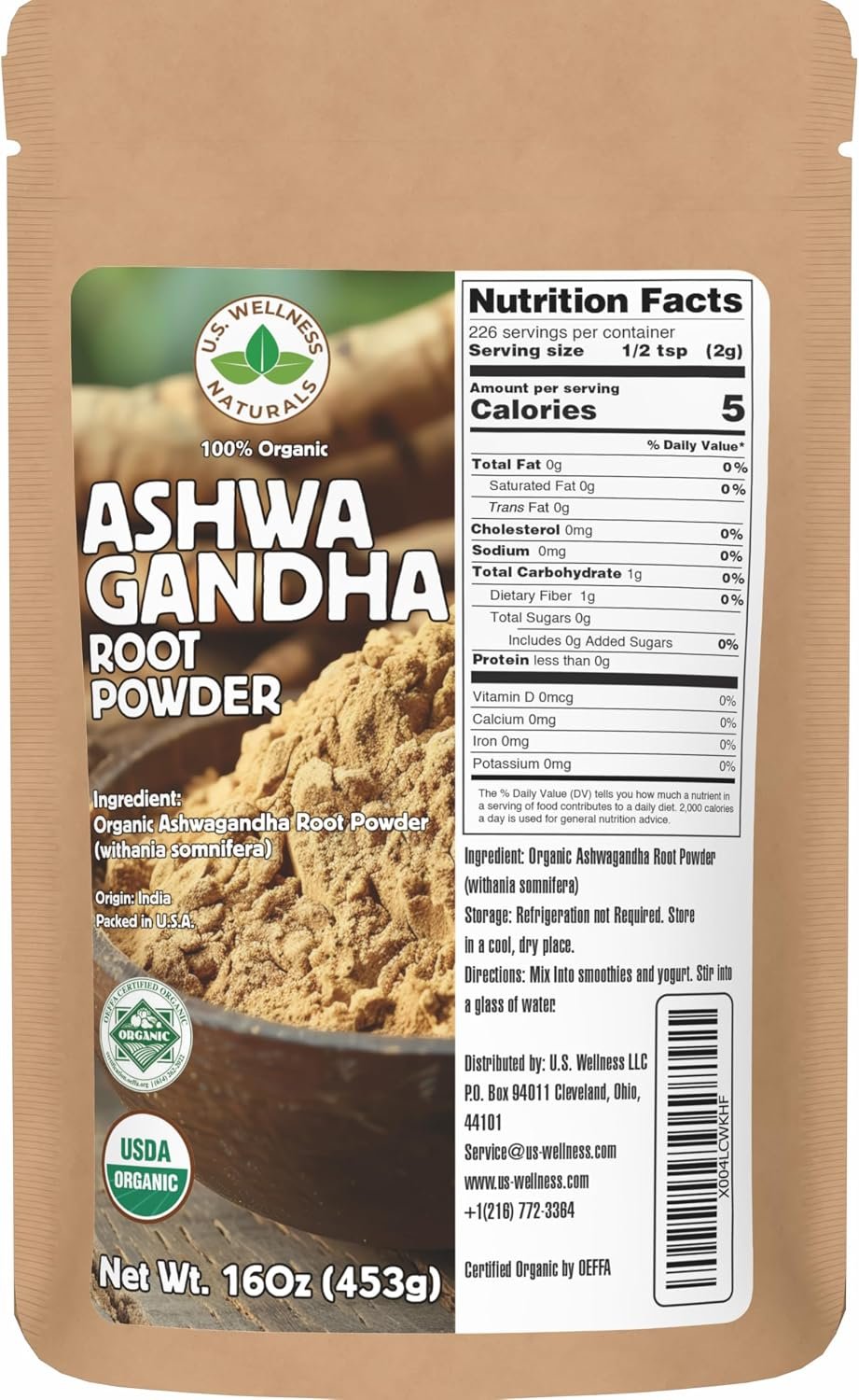 U.S. Wellness Naturals Organic Ashwagandha Root Powder | 1 Pound, No Filler, No Additives| Resealable Powder-Friendly Bag | Non-GMO | Indian Ginseng | Withania Somnifera| India Origin