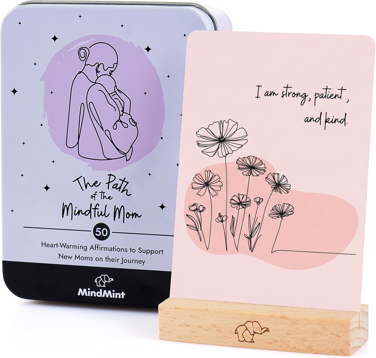New Mom Affirmation Cards – 50 Postpartum Affirmation Cards for Women – Pregnancy & Self-Care Gifts for New Mom After Birth in Tin Box with Wooden Stand
