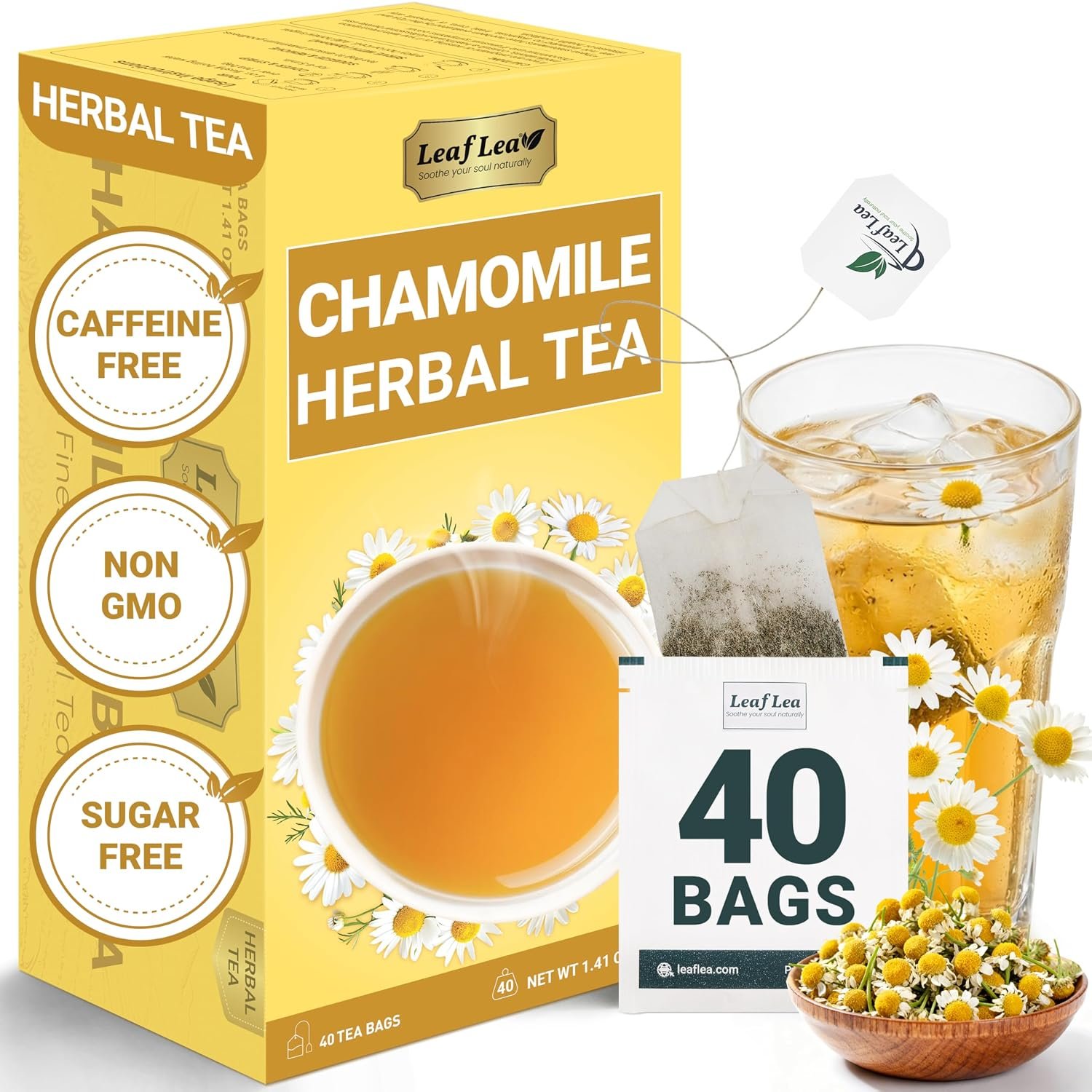 LeafLea Chamomile Herbal Tea Bags, Evening Bedtime Routine, 40 Count