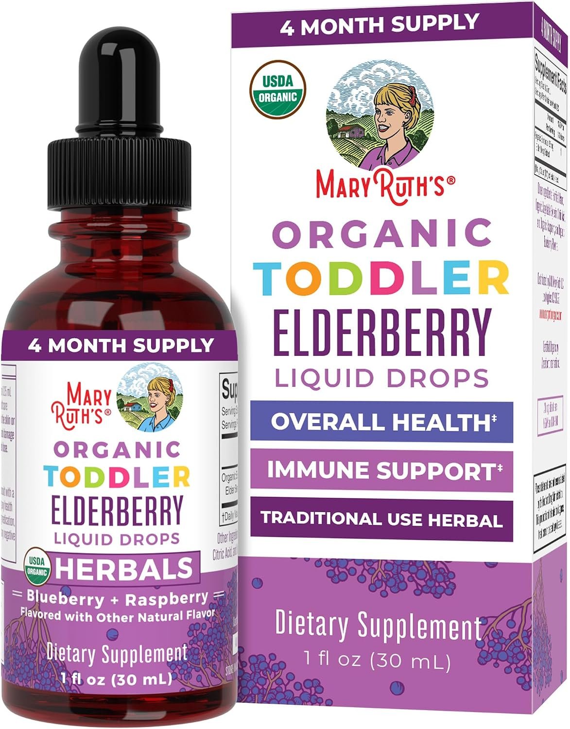 MARYRUTH’S Toddler Elderberry Syrup, USDA Organic Elderberry, Sugar Free Kids Immune Support Supplement for Ages 1-3 Years, Clean Label Project Verified®, Vegan, Non-GMO, Gluten Free, 1 Fl Oz