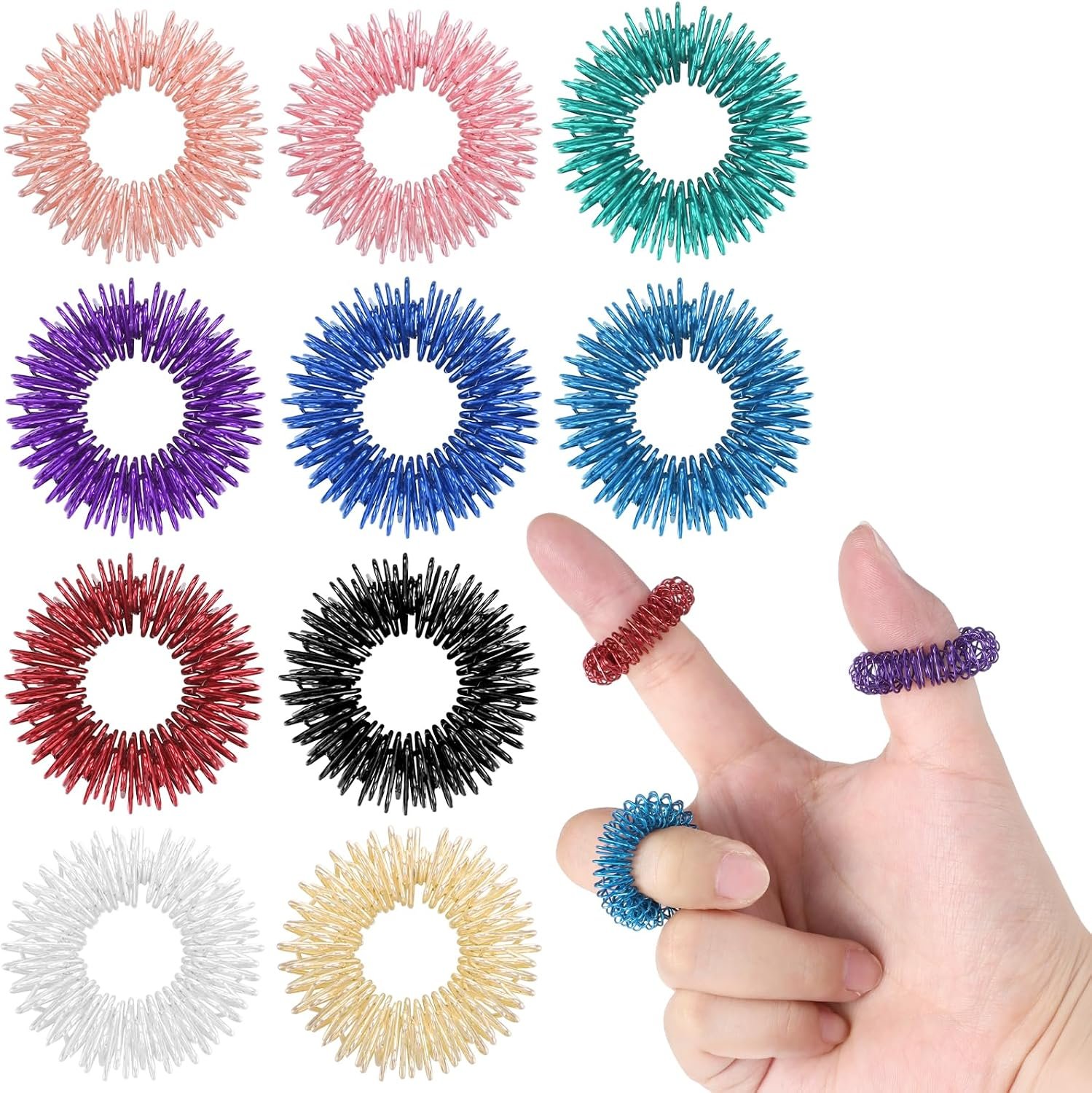 Molain Fidget Rings, 10 Pcs Spiky Sensory Rings Set, Acupressure Finger Massager for Anxiety Stress Relief, Silent Fidget Toy for Adults, Sensory Finger Roller Reducer