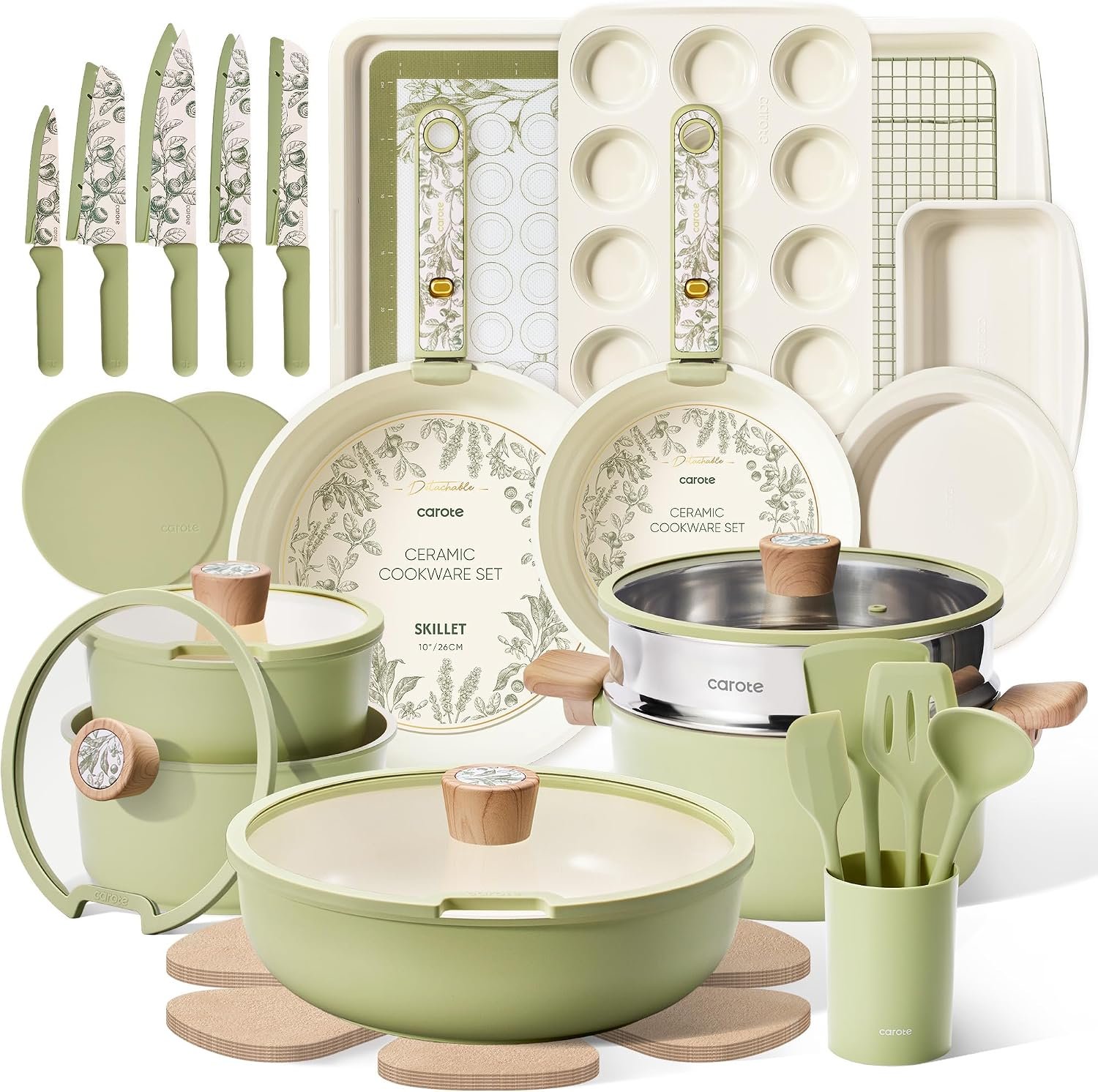 CAROTE 42pcs Ceramic Cookware Set, Pots and Pans Set with Detachable Handle