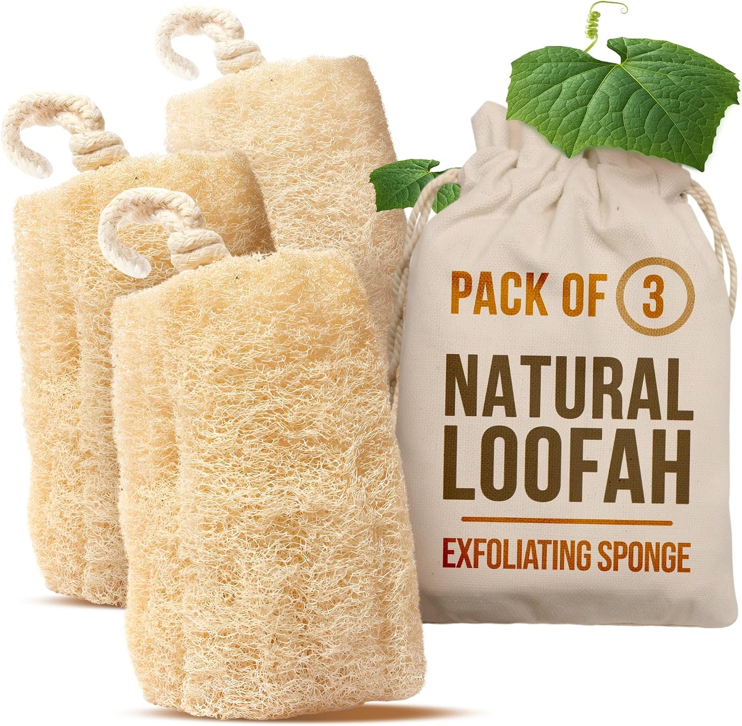SERRENTO Loofah Body Bath Scrubber Shower – Egyptian Loofa Pack of 3 Tan