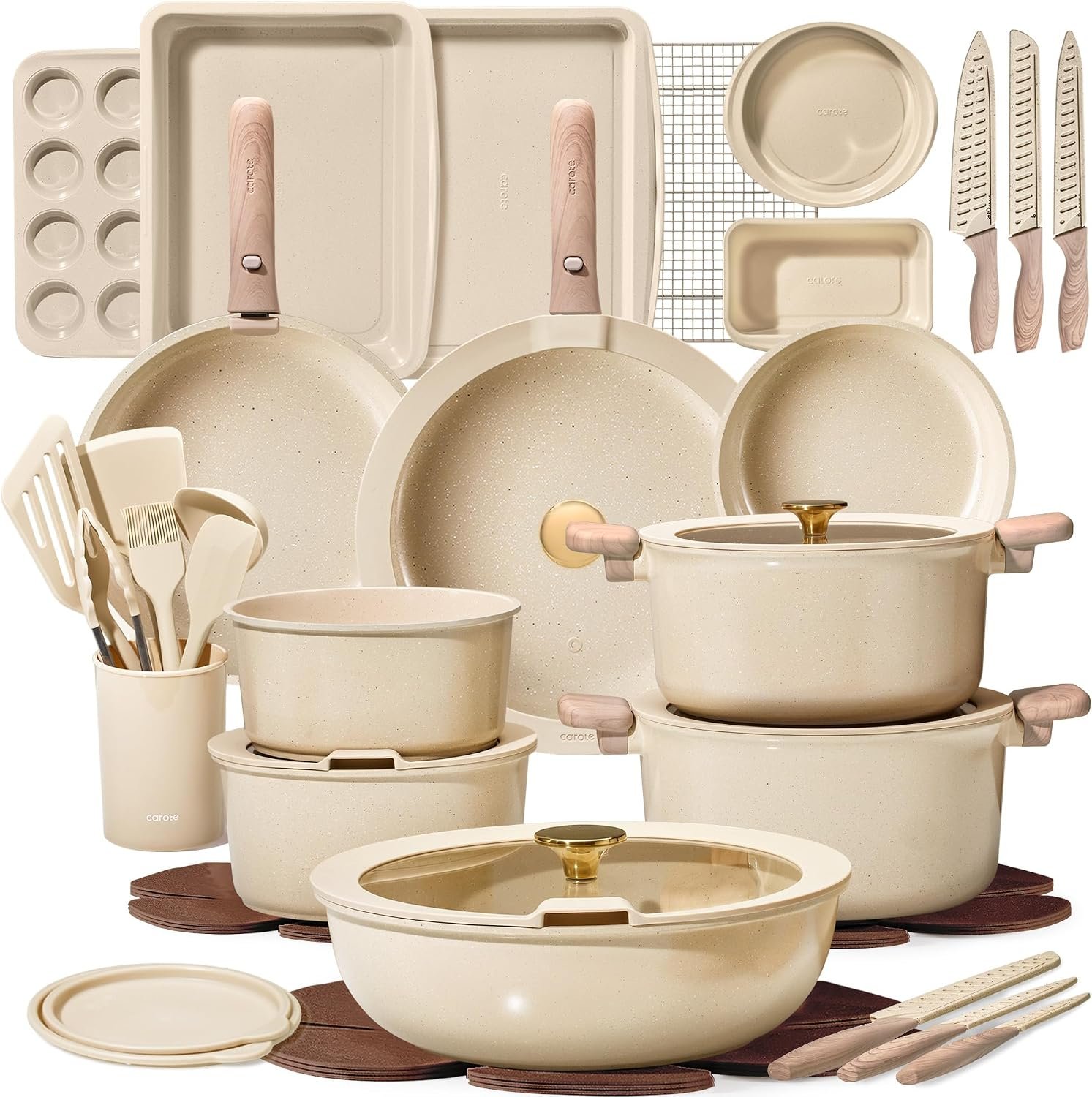 CAROTE 49pcs Pots and Pans Set, Ceramic Cookware Set with Detachable Handle