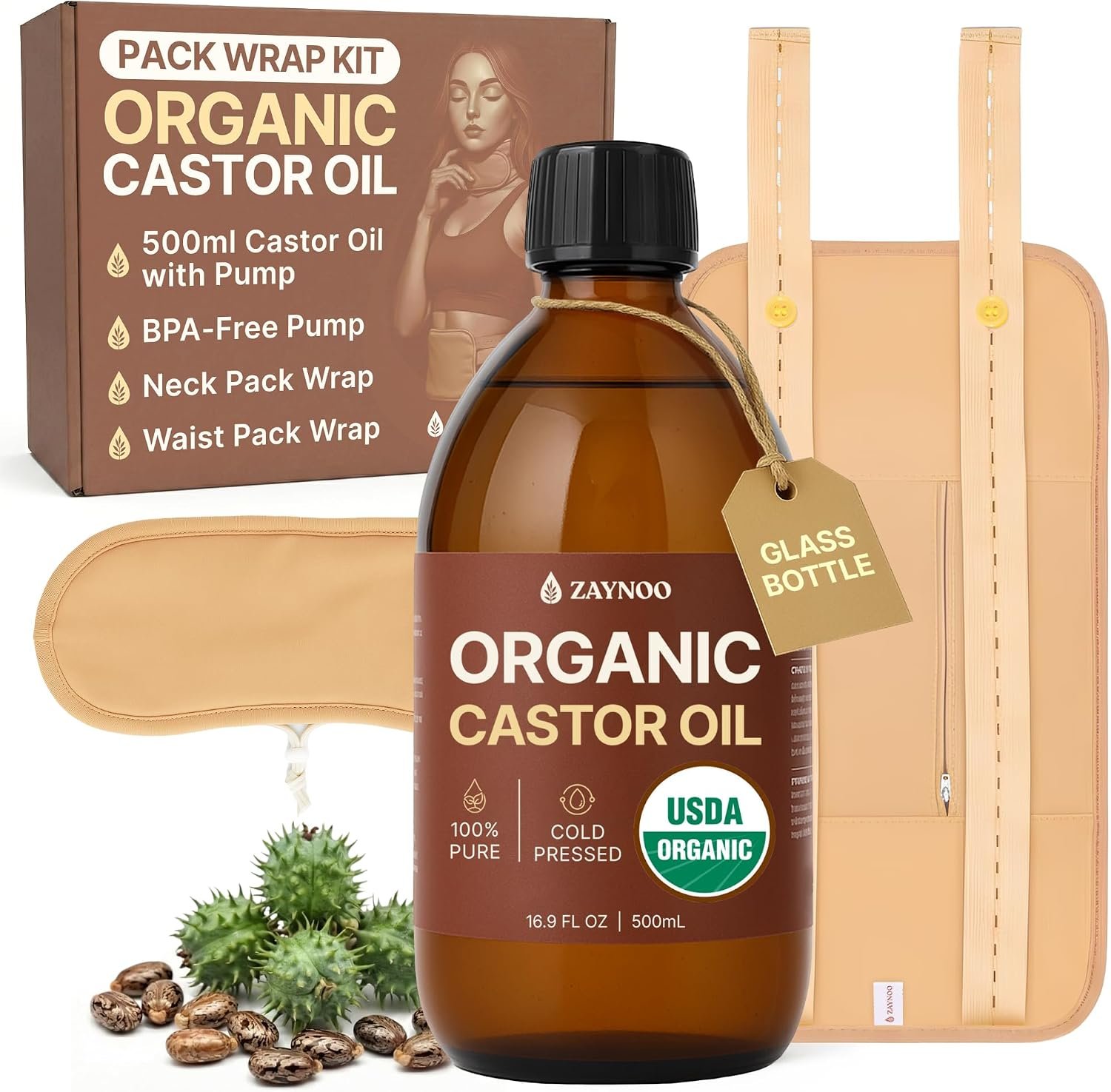 Castor Oil Pack Wrap Kit with 16.9oz USDA Organic Cold-Pressed, Hexane Free Castor Oil with BPA Free Pump, 2 Reusable Soft Organic Cotton Pack Wrap with Adjustable Straps for Neck & Belly