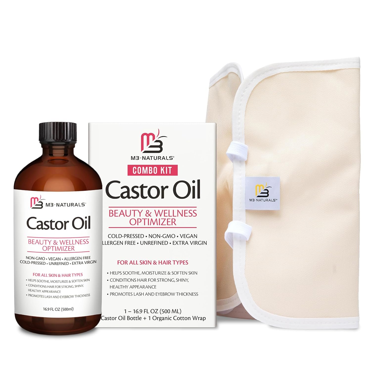 Pure Castor Oil Pack Kit Hexane-Free w/ Reusable Organic Cotton Wrap by M3