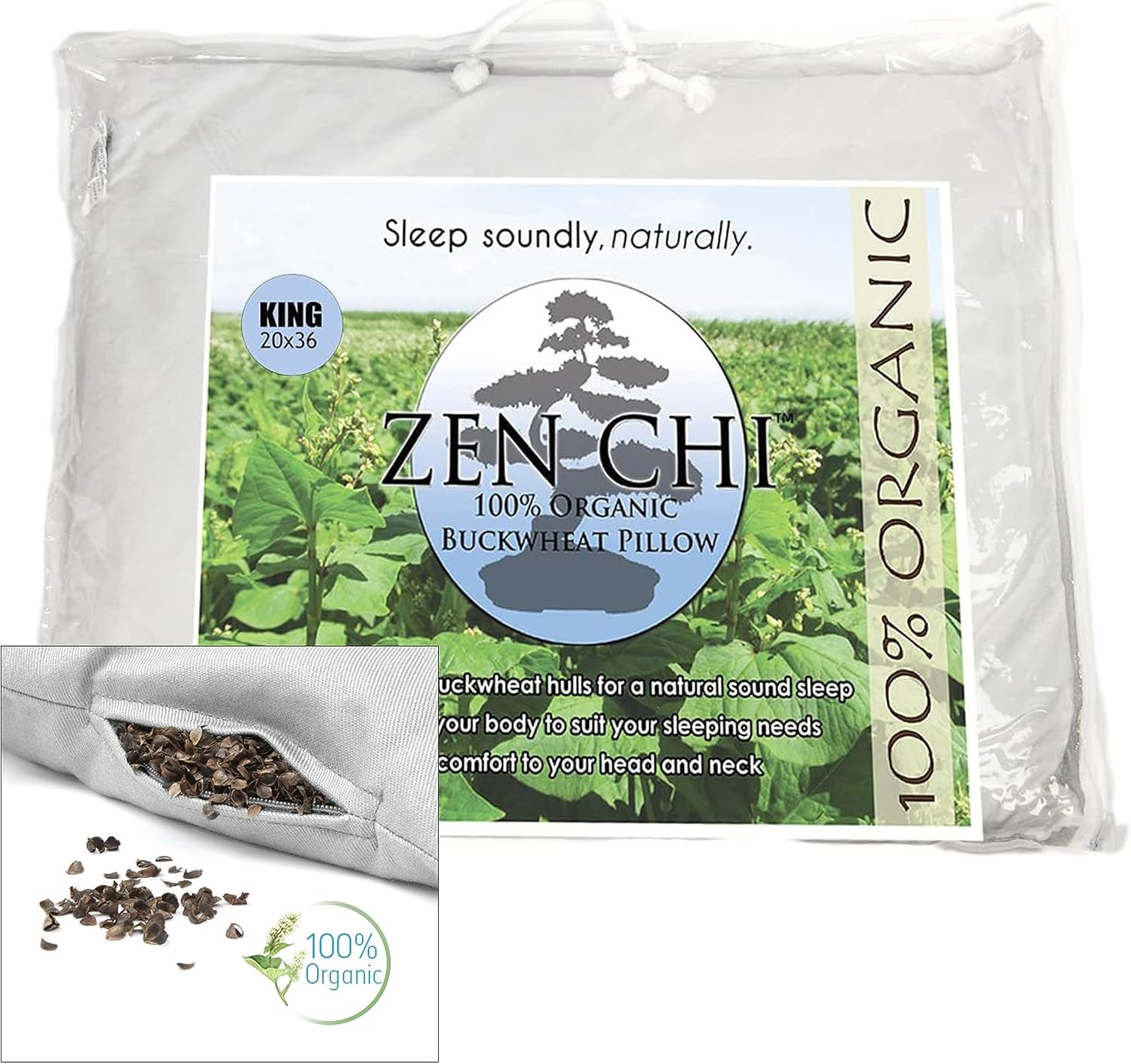 ZEN CHI Organic Buckwheat Hulls Pillow, King Size 20″x36″