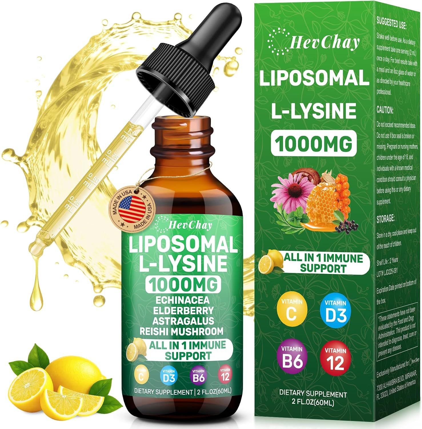 Liposomal L-Lysine Liquid Drops 1000mg with Vitamin C & Zinc, 2 Fl Oz