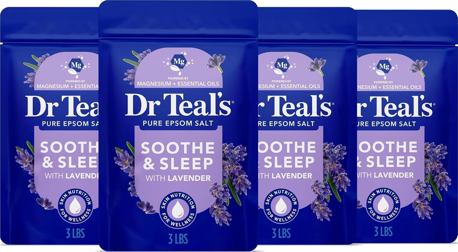 Dr Teal’s Pure Epsom Magnesium Salt Soak, Soothe & Sleep with Lavender, 3 lb (Pack of 4)