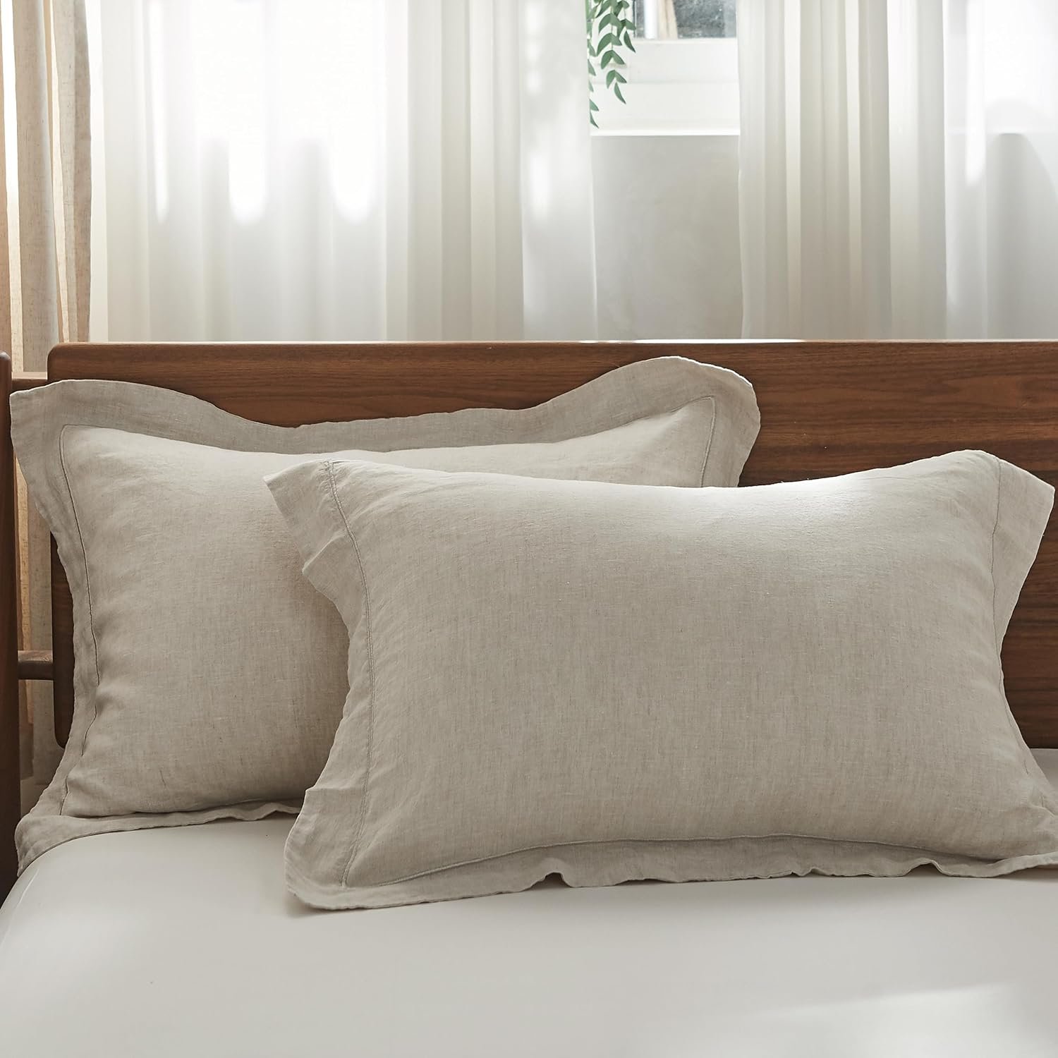 Simple&Opulence 100% French Linen Pillowcases with Embroidery – Pack of 2, Washed Solid Color Natural Flax, Soft & Breathable – Linen, 20” x 26”