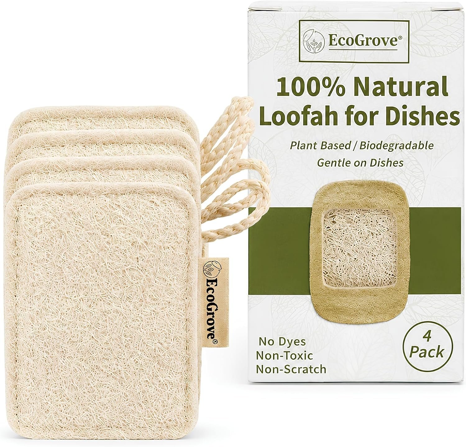 Natural Loofah Sponge – Plant-Based Loofah Sponges, Plastic-Free Biodegradable Organic Loofah Scrubber for Kitchen Cleaning, Dishes & Body Care, Natural Shower Sponge (4 Pack)