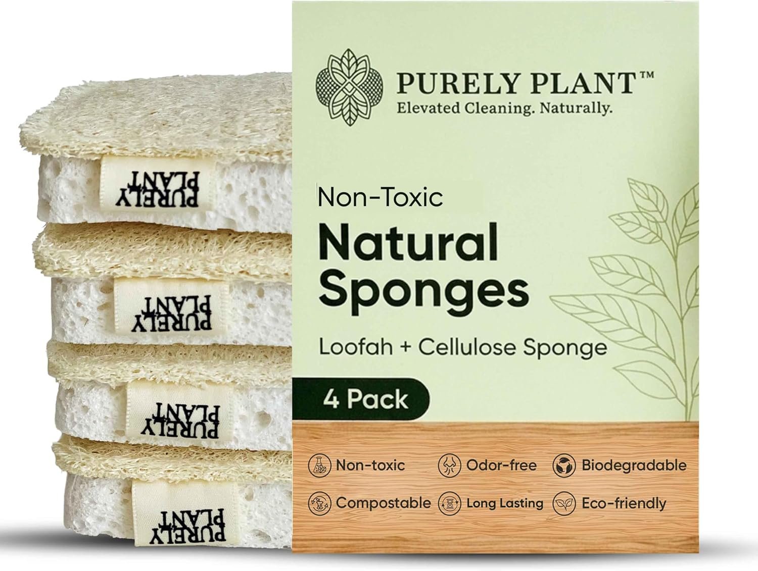 Purely Plant Loofah Dish Sponge 4 Pack– Non Toxic, 100% Plastic Free, Compostable,Loofah & Cellulose Premium Kitchen Scrubber,Biodegradable,Durable, Non-Scratch Scouring Luffa for Dishes, Sink&Tile