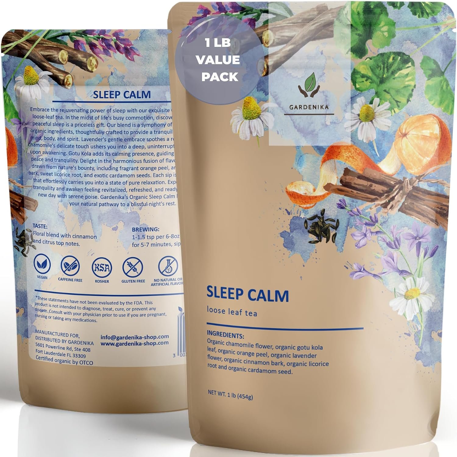Gardenika Organic Sleep Calm Loose Leaf Tea, 1 LB Bulk Bag – Herbal Tea with Chamomile, Lavender & Gotu Kola – Organic, Kosher, Caffeine Free