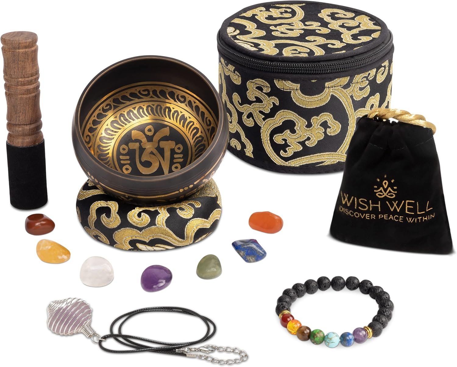 Wish Well 4″ Tibetan Singing Bowl Set with 7 Chakra Stones & Bracelet