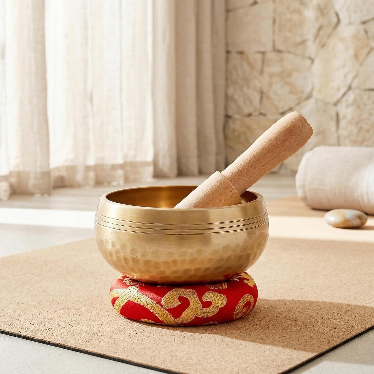 1 Set Tibetan Singing Bowl Set – Authentic Hand-Adjusted Music Bowl with Cushion & Wooden Mallet – Ideal for Yoga, Relaxation, and Sound Healing