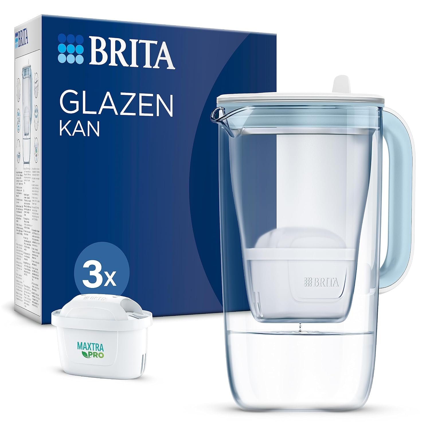 BRITA Glass Water Filter Jug Light Blue (2.5L) Starter Pack inc. 3X MAXTRA PRO All-in-1 Cartridge – Premium Glass jug with Easy-Filling Flip-Lid and Indicator – in Sustainable Smart Box Packaging
