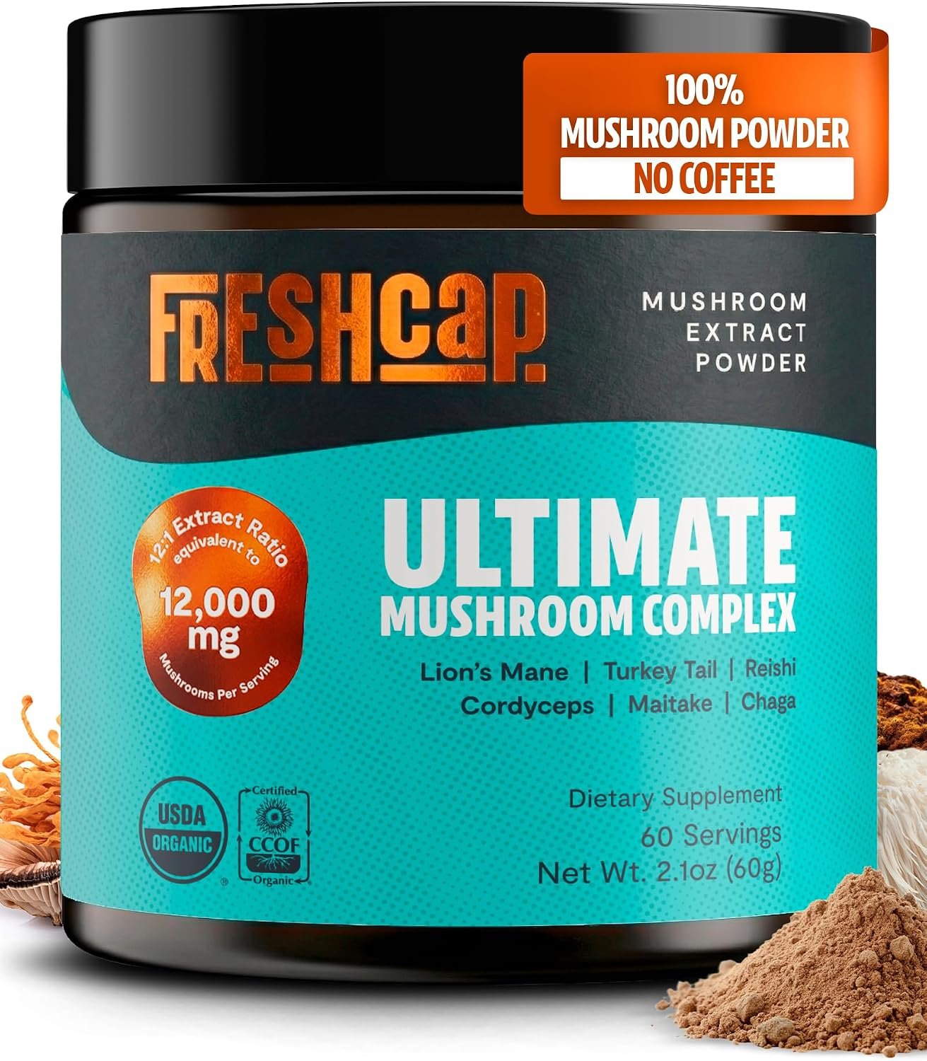 FreshCap Mushrooms Powder – Ultimate Mushroom Complex, 60 Servings